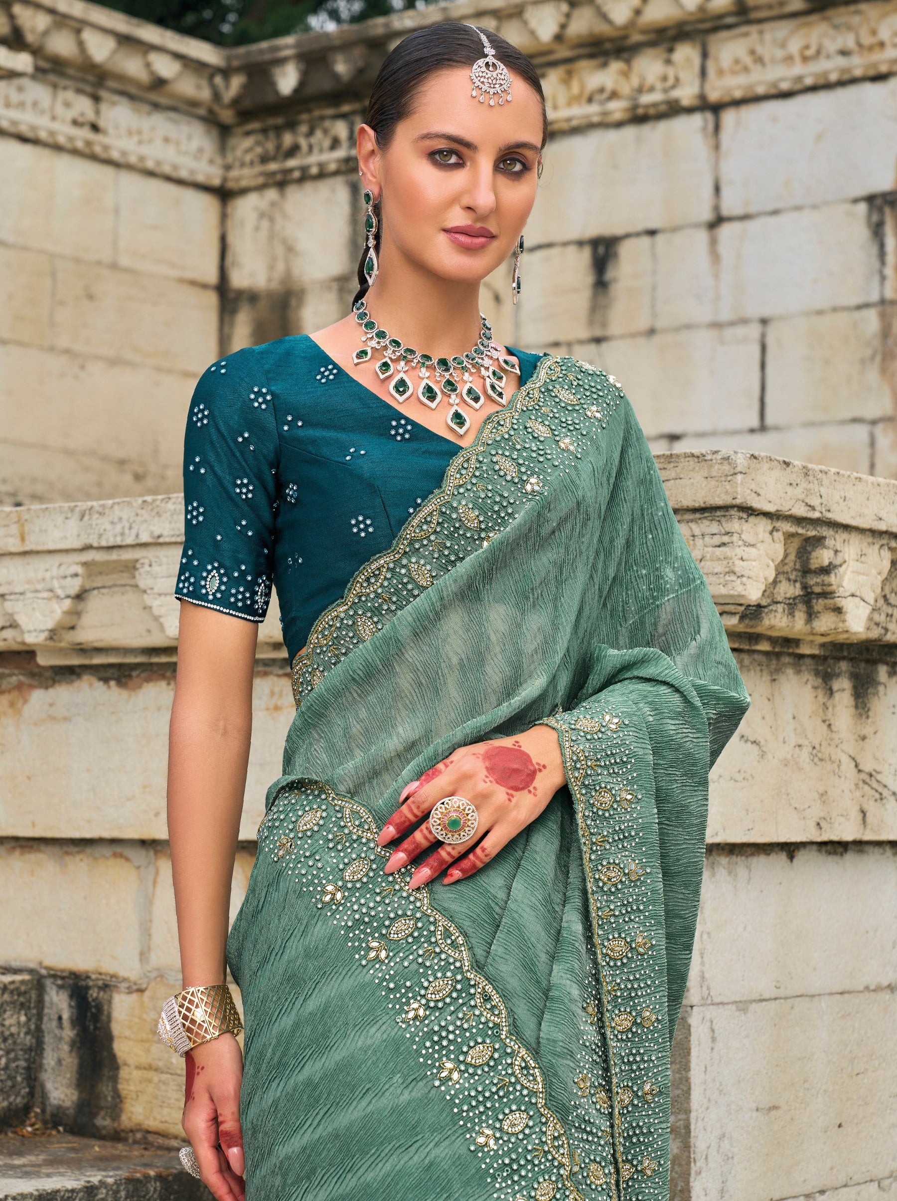 Persian Green Wedding Designer Saree - TrendOye