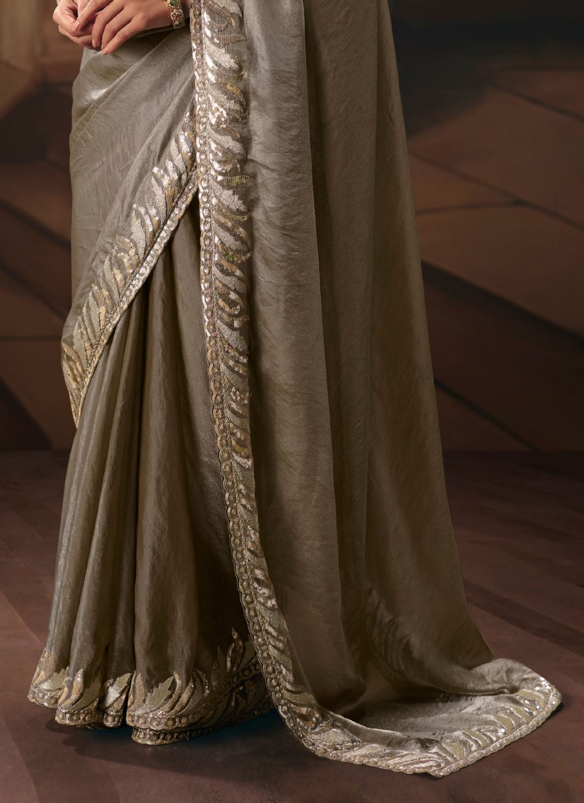 Stone Grey Celebration Fancy Saree With Premium Blouse Piece - TrendOye