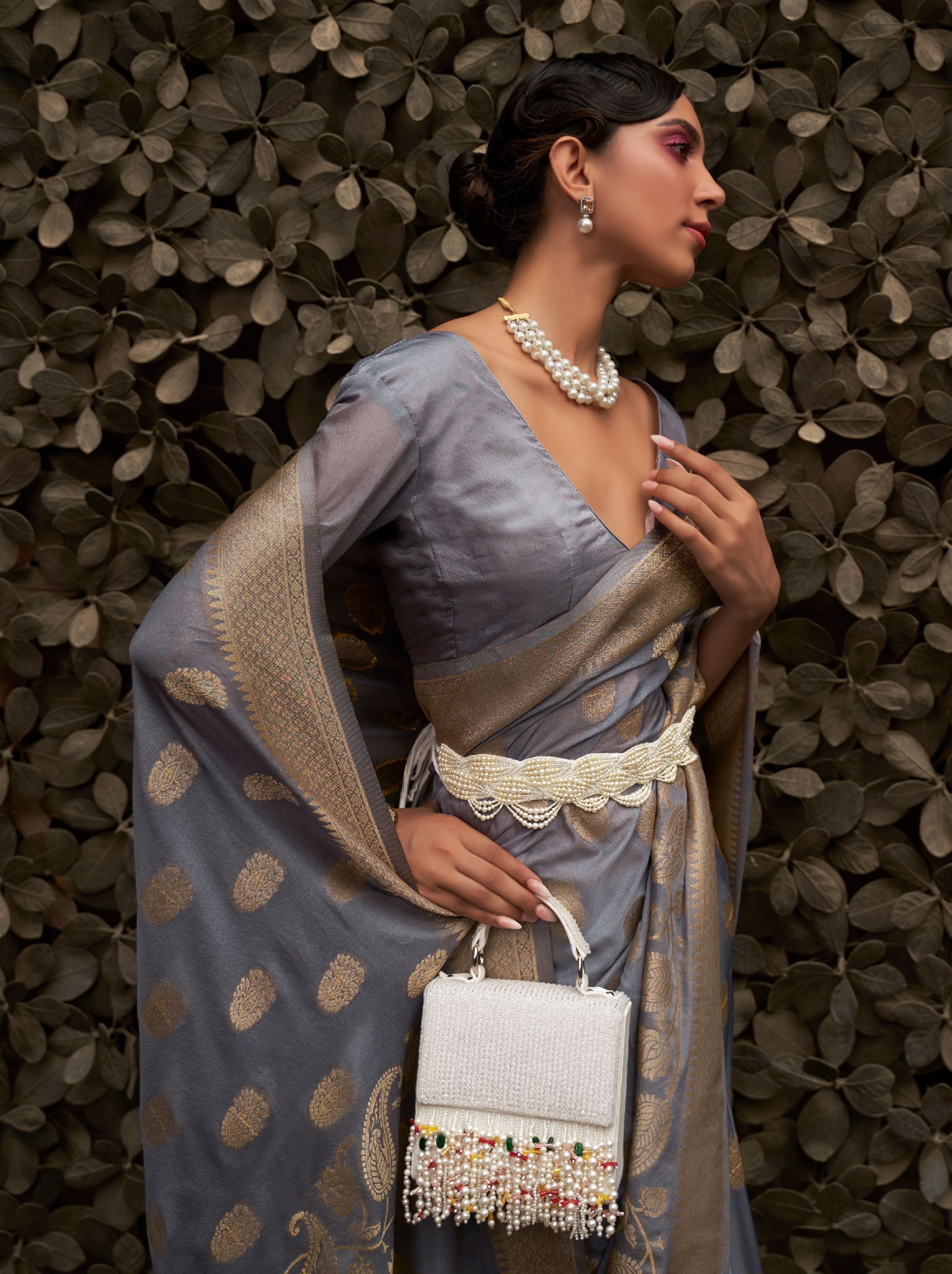 Lava Grey Designer Chinon Silk Saree - TrendOye