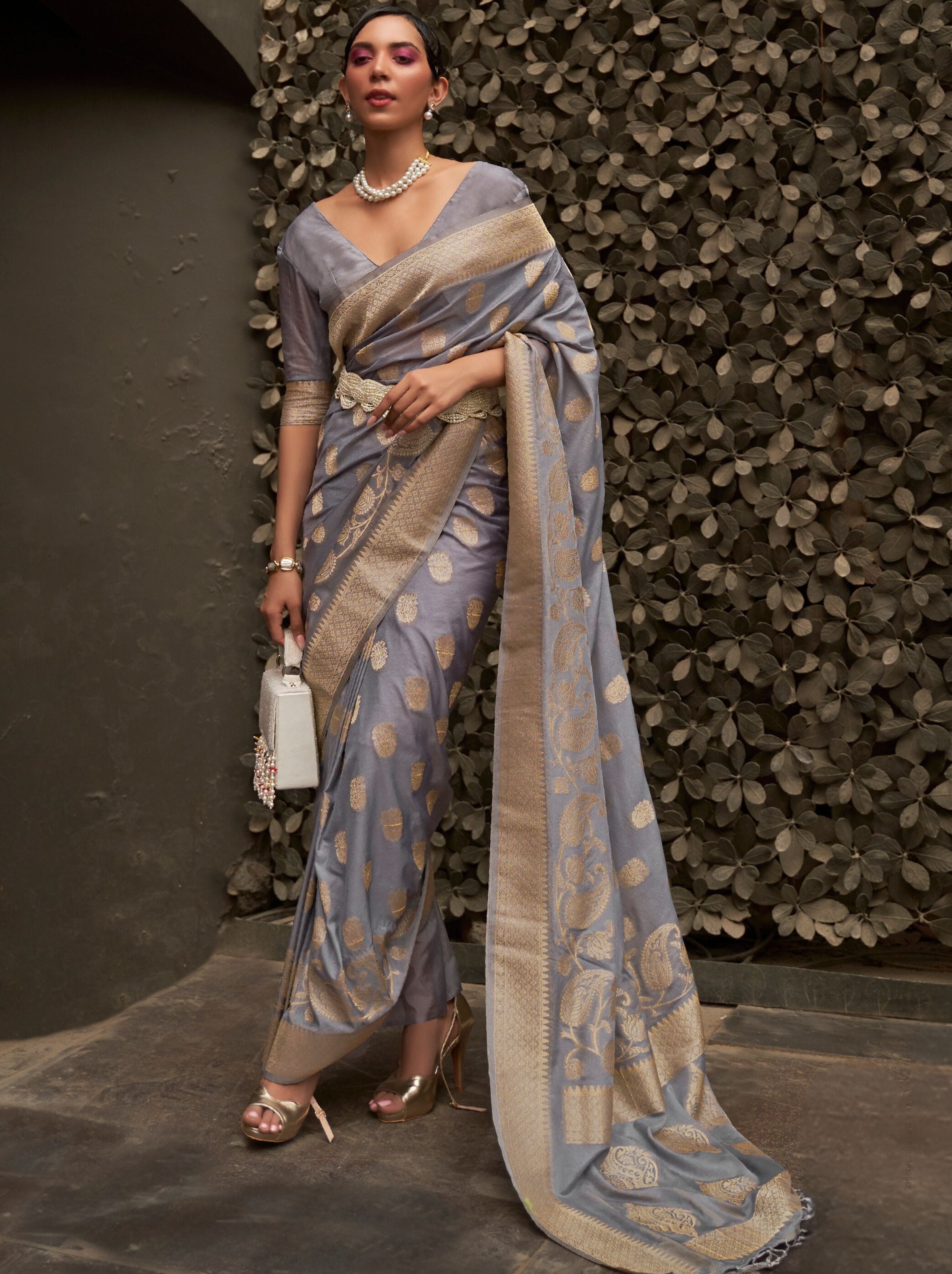 Lava Grey Designer Chinon Silk Saree - TrendOye