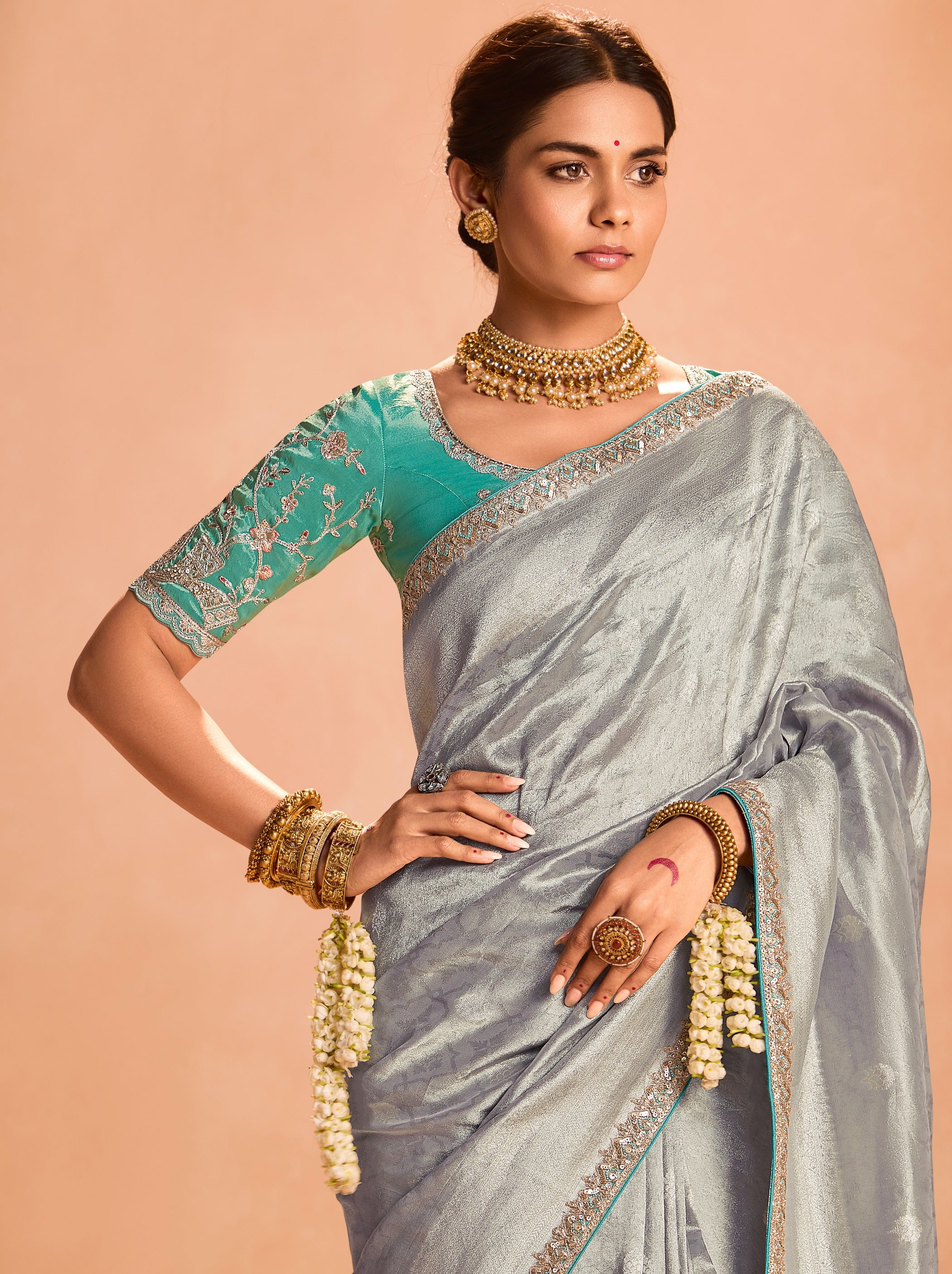 Pewter Gray Zari Tissue Silk Wedding Party Saree - TrendOye
