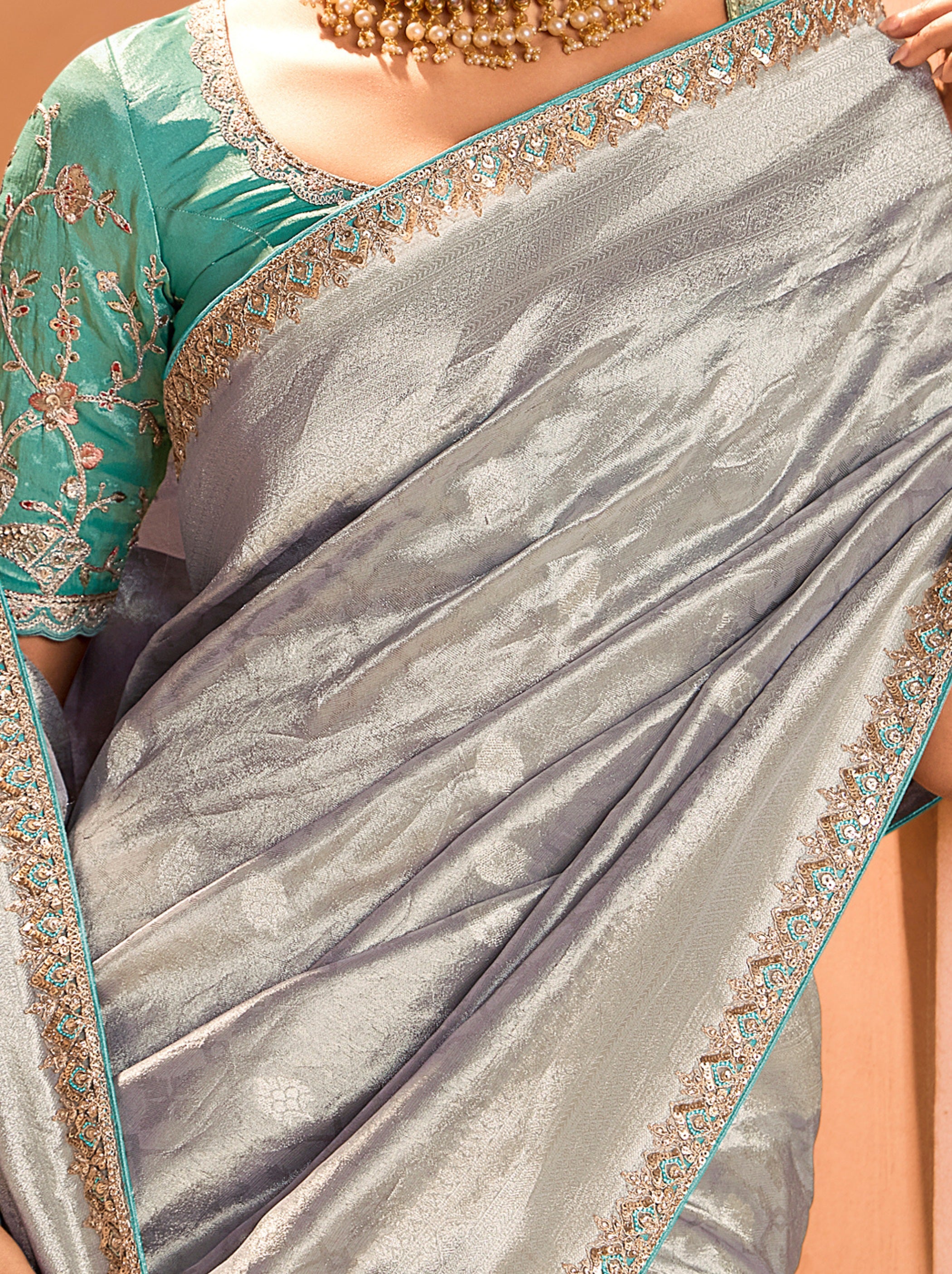 Pewter Gray Zari Tissue Silk Wedding Party Saree - TrendOye