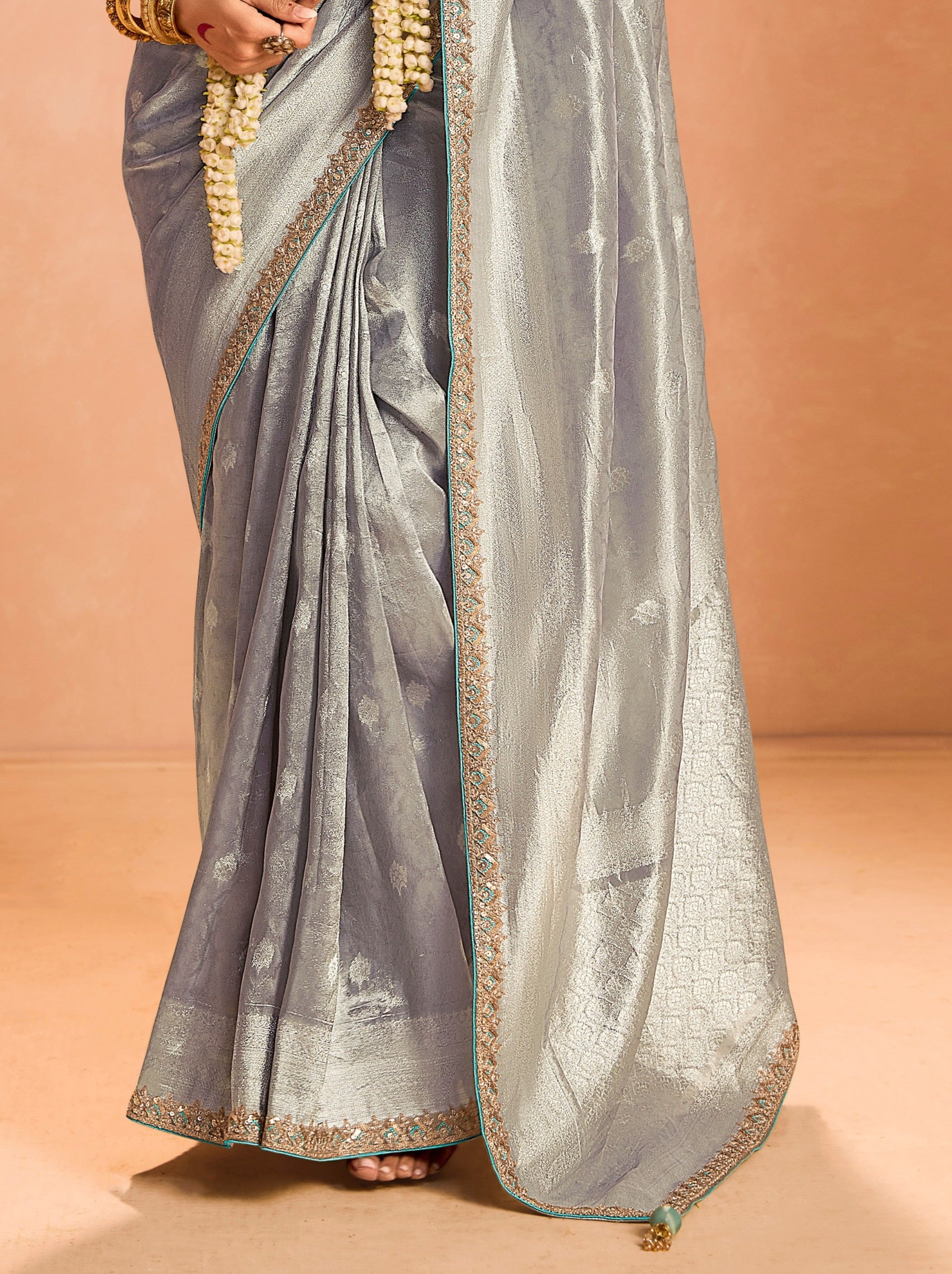Pewter Gray Zari Tissue Silk Wedding Party Saree - TrendOye