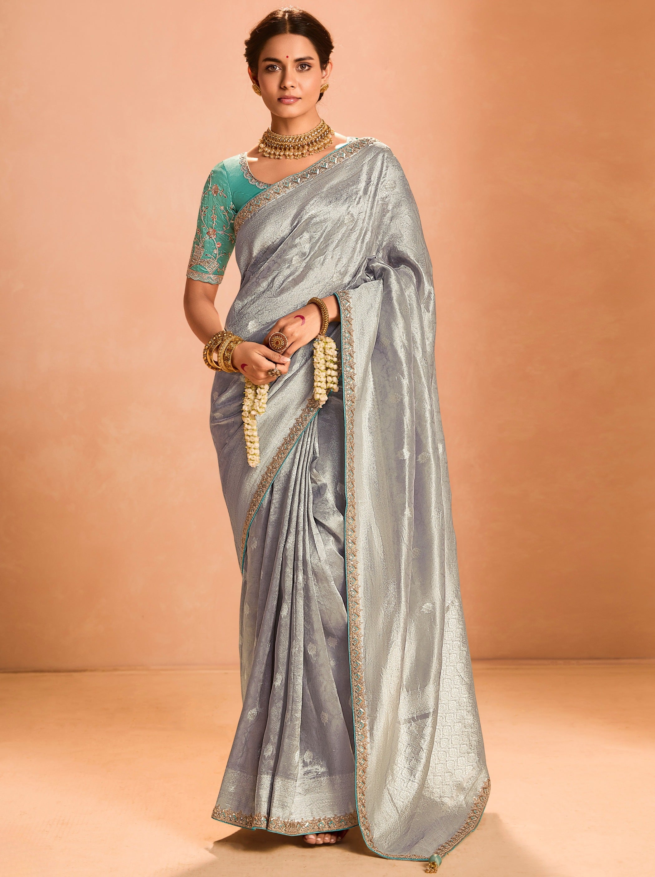 Pewter Gray Zari Tissue Silk Wedding Party Saree - TrendOye