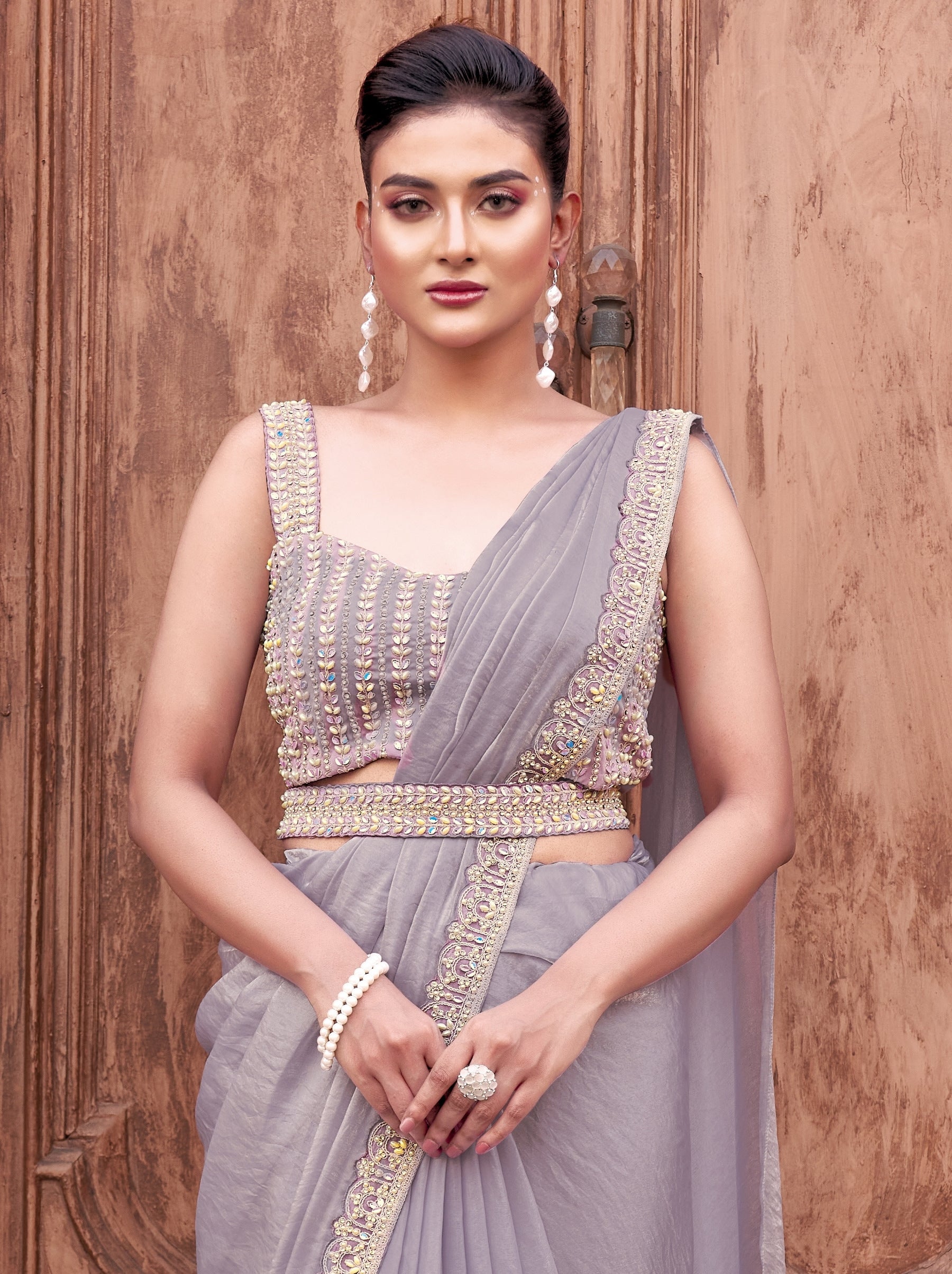 Light Grey Designer Ready To Wear Saree With Stitched Blouse - TrendOye