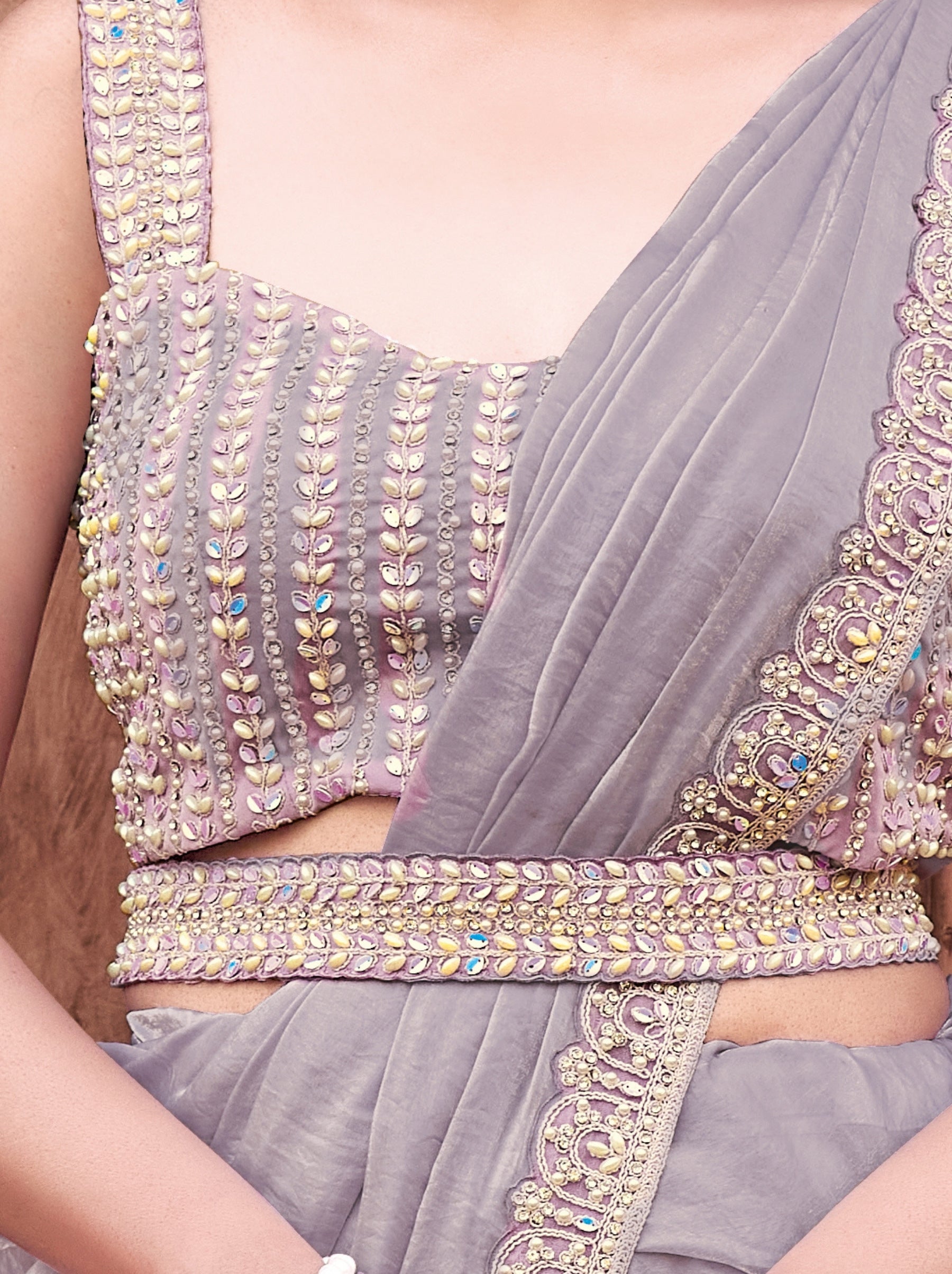 Light Grey Designer Ready To Wear Saree With Stitched Blouse - TrendOye