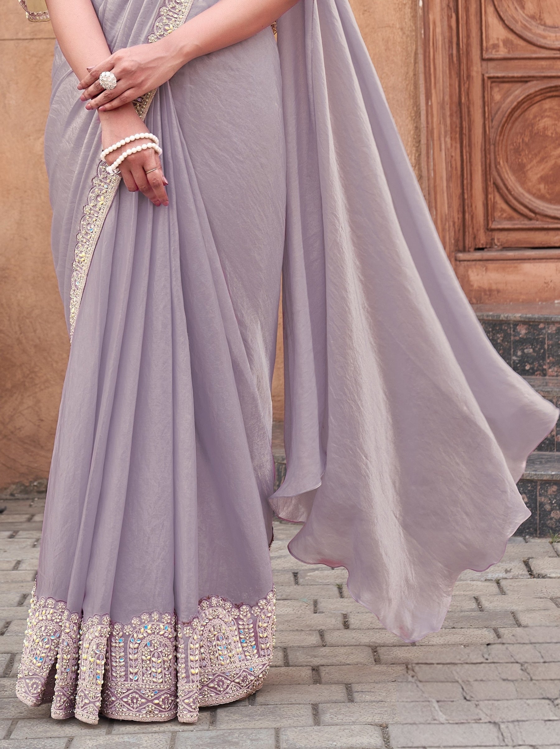 Light Grey Designer Ready To Wear Saree With Stitched Blouse - TrendOye
