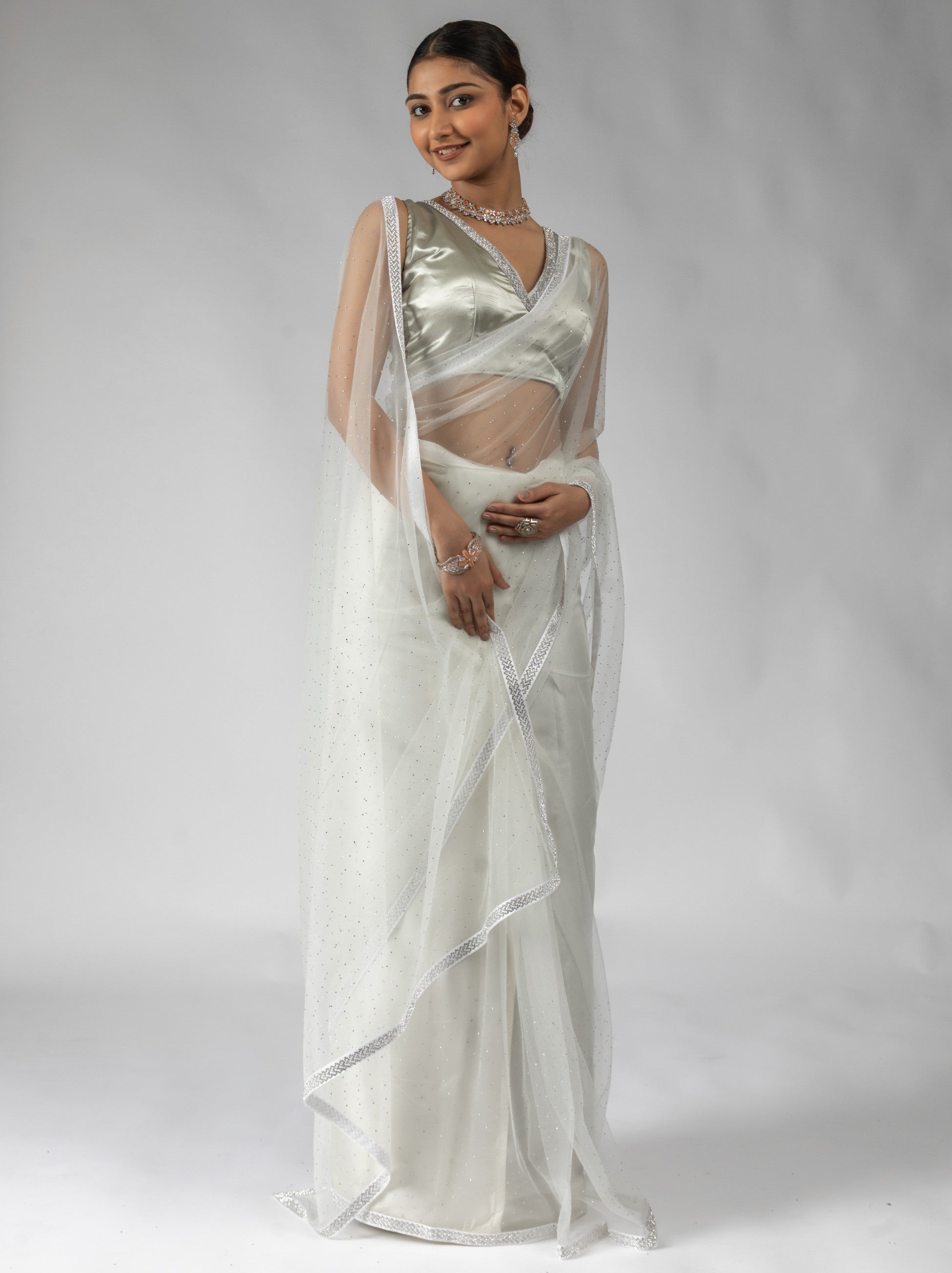 Light Grey Net Designer Ready to Wear Saree With Diamond Work - TrendOye