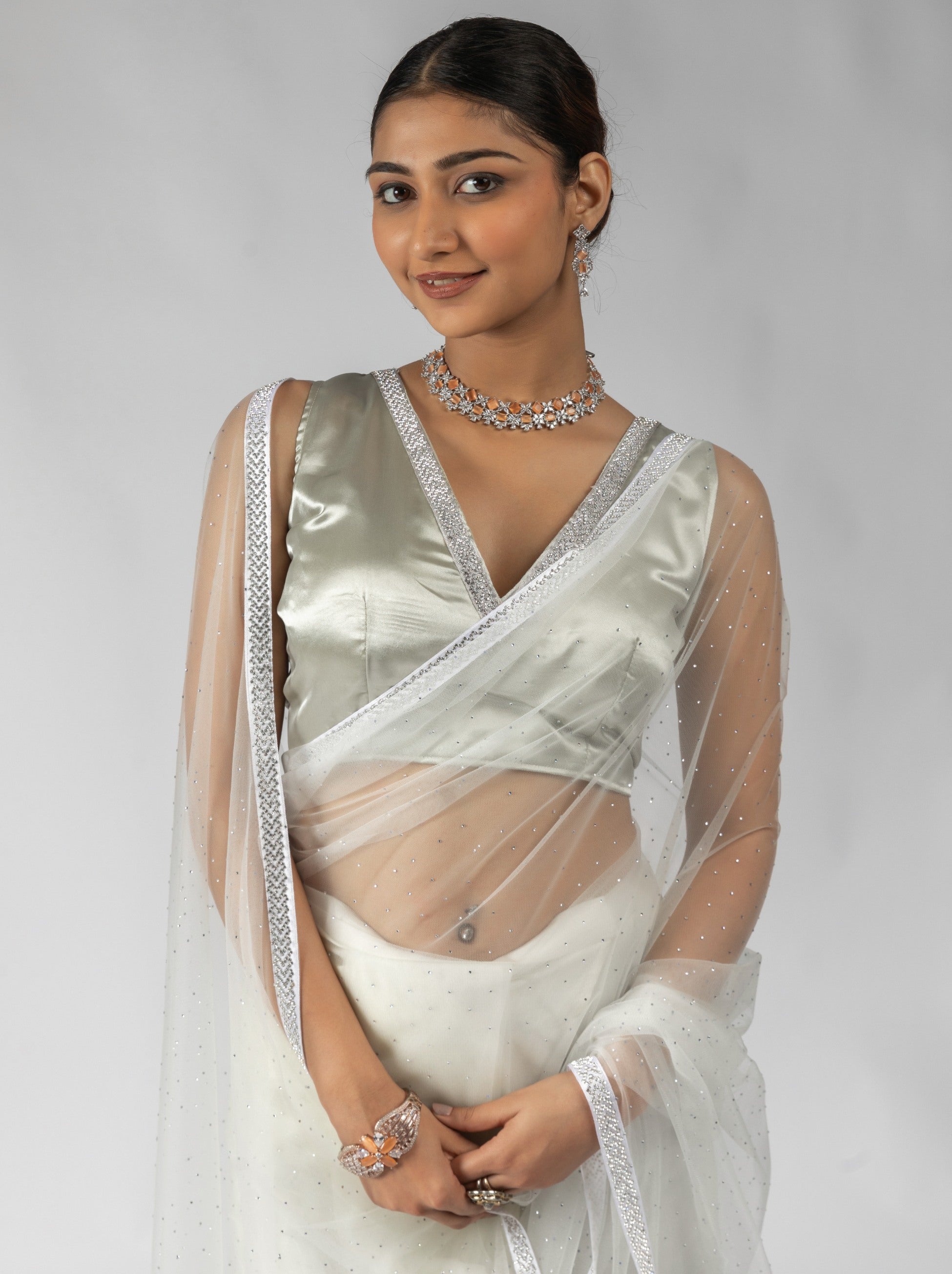 Light Grey Net Designer Ready to Wear Saree With Diamond Work - TrendOye