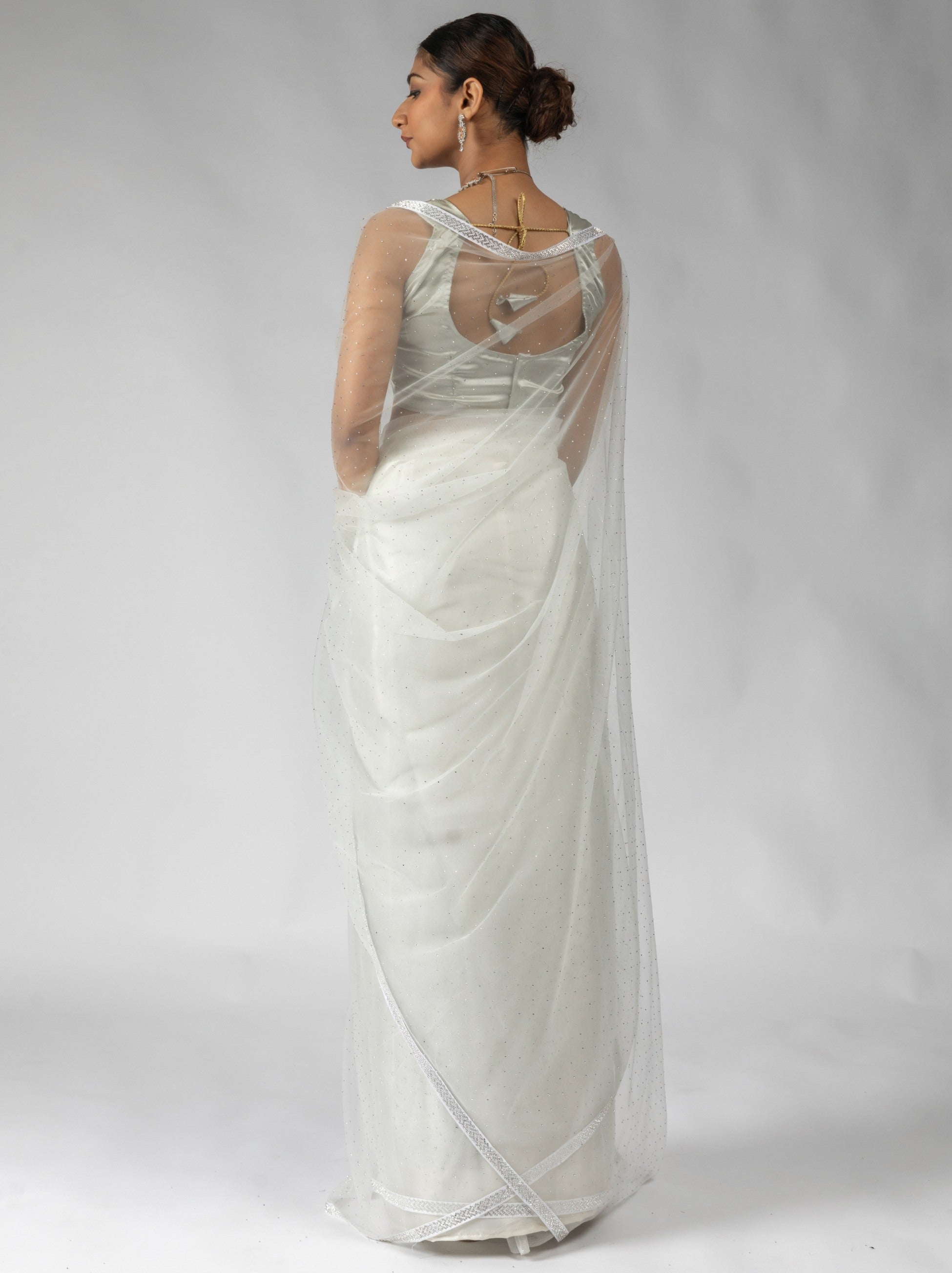 Light Grey Net Designer Ready to Wear Saree With Diamond Work - TrendOye