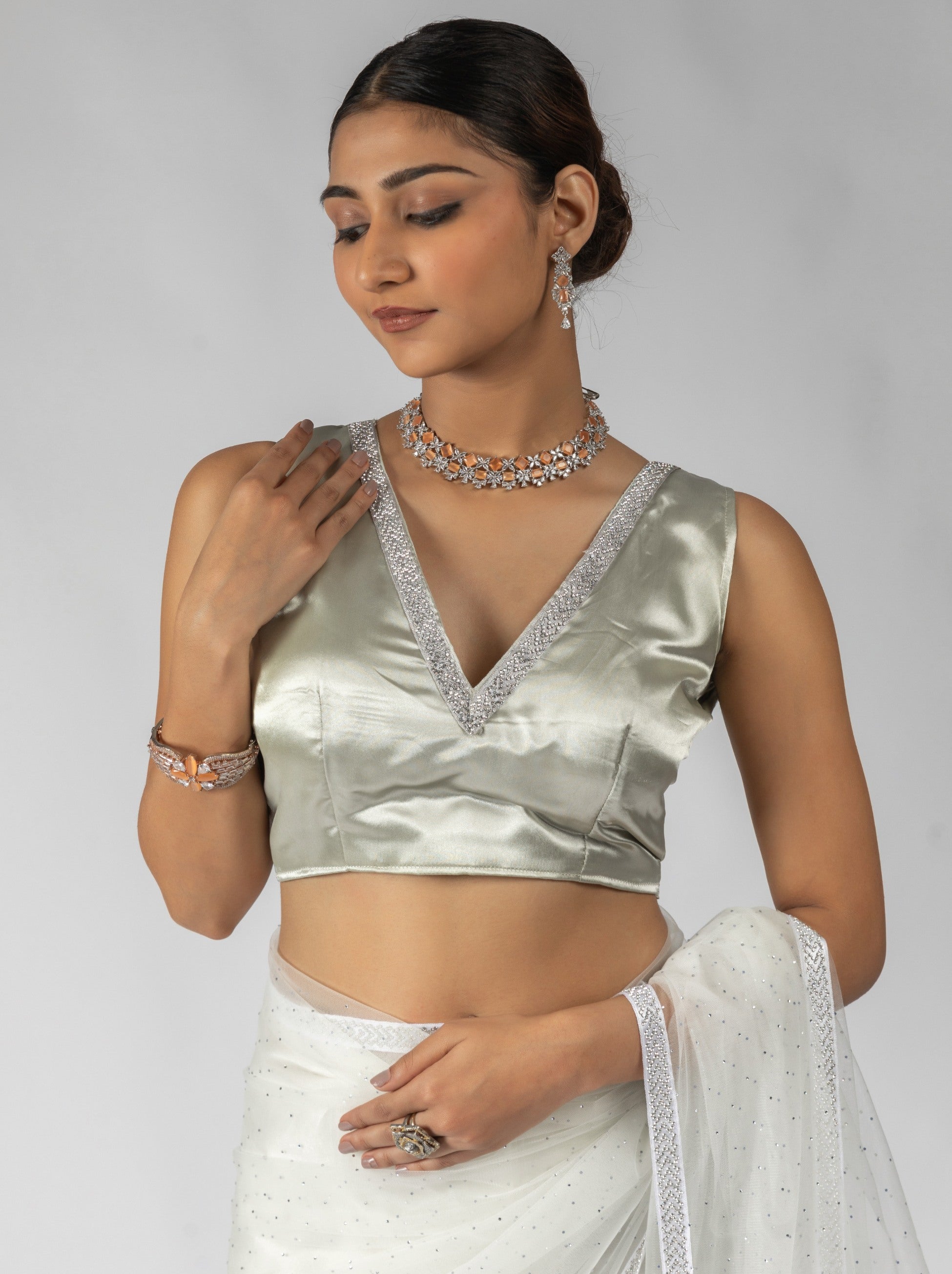 Light Grey Net Designer Ready to Wear Saree With Diamond Work - TrendOye