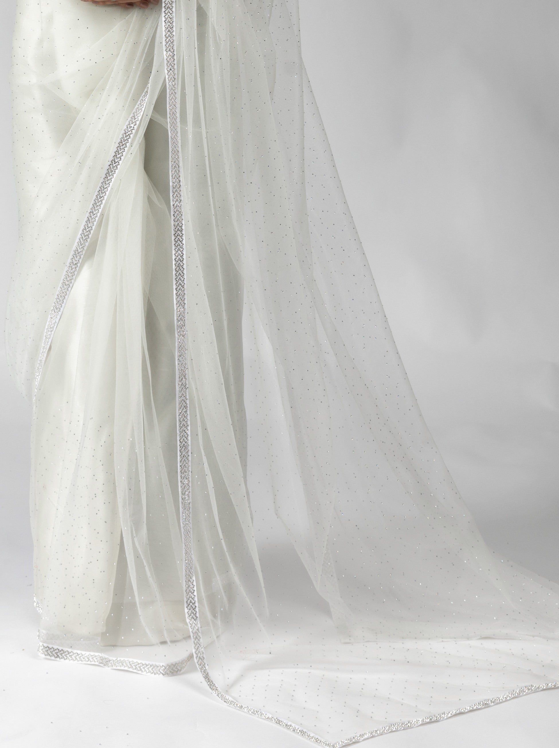 Light Grey Net Designer Ready to Wear Saree With Diamond Work - TrendOye