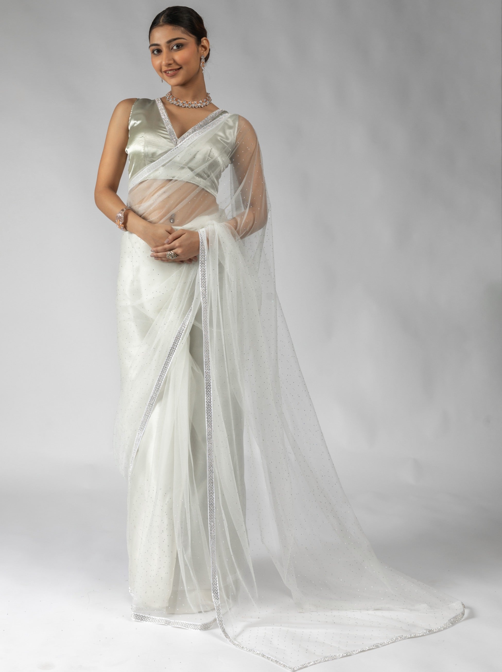 Light Grey Net Designer Ready to Wear Saree With Diamond Work - TrendOye