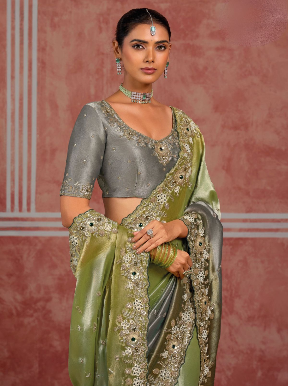 Luxurious Green-Grey Premium Silk Saree With Intricate Embroidery
