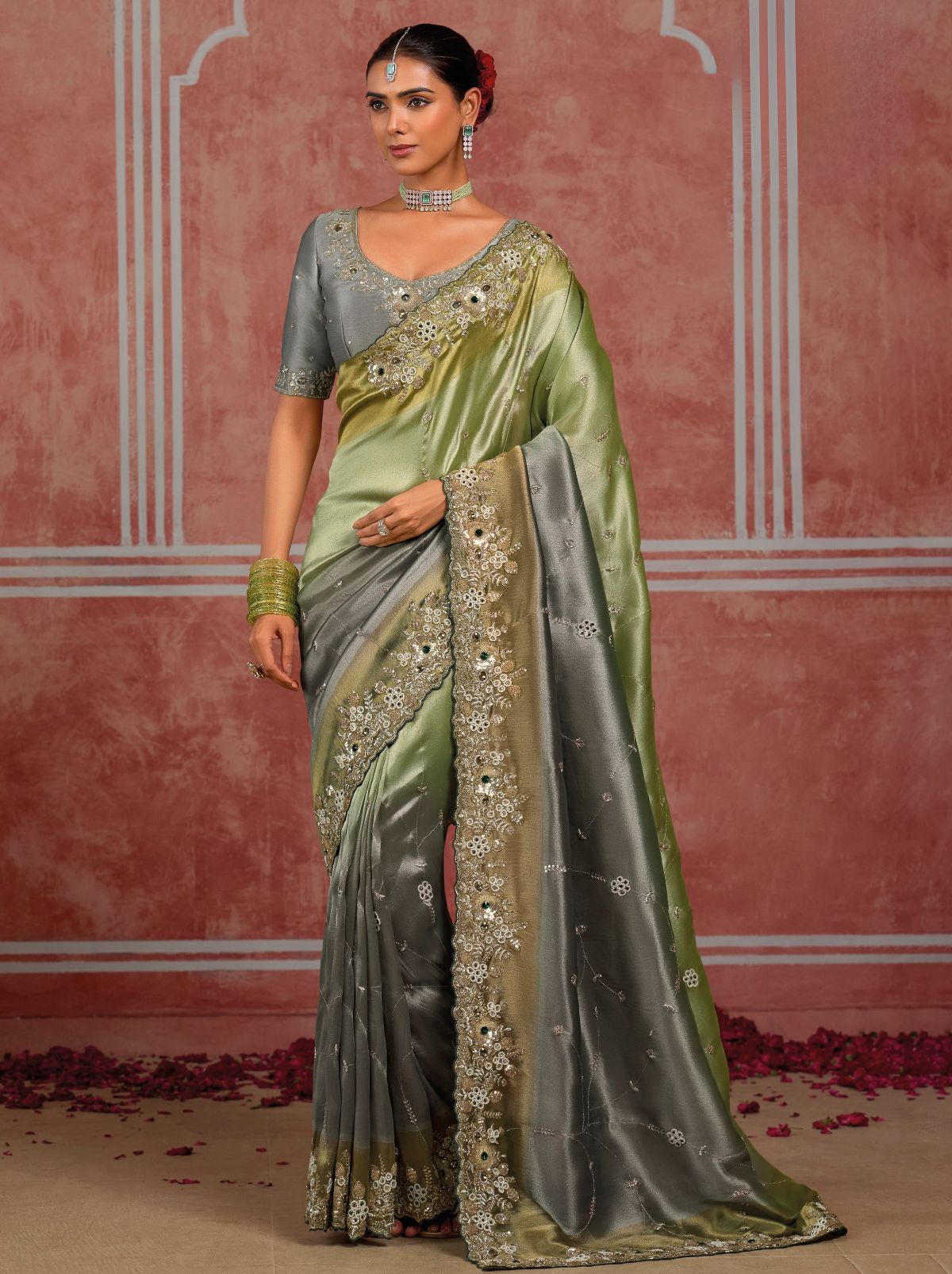 Luxurious Green-Grey Premium Silk Saree With Intricate Embroidery