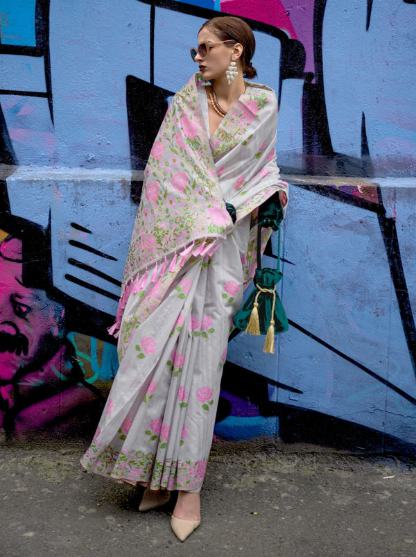 Smoke Grey Designer Silk Blended Saree - TrendOye