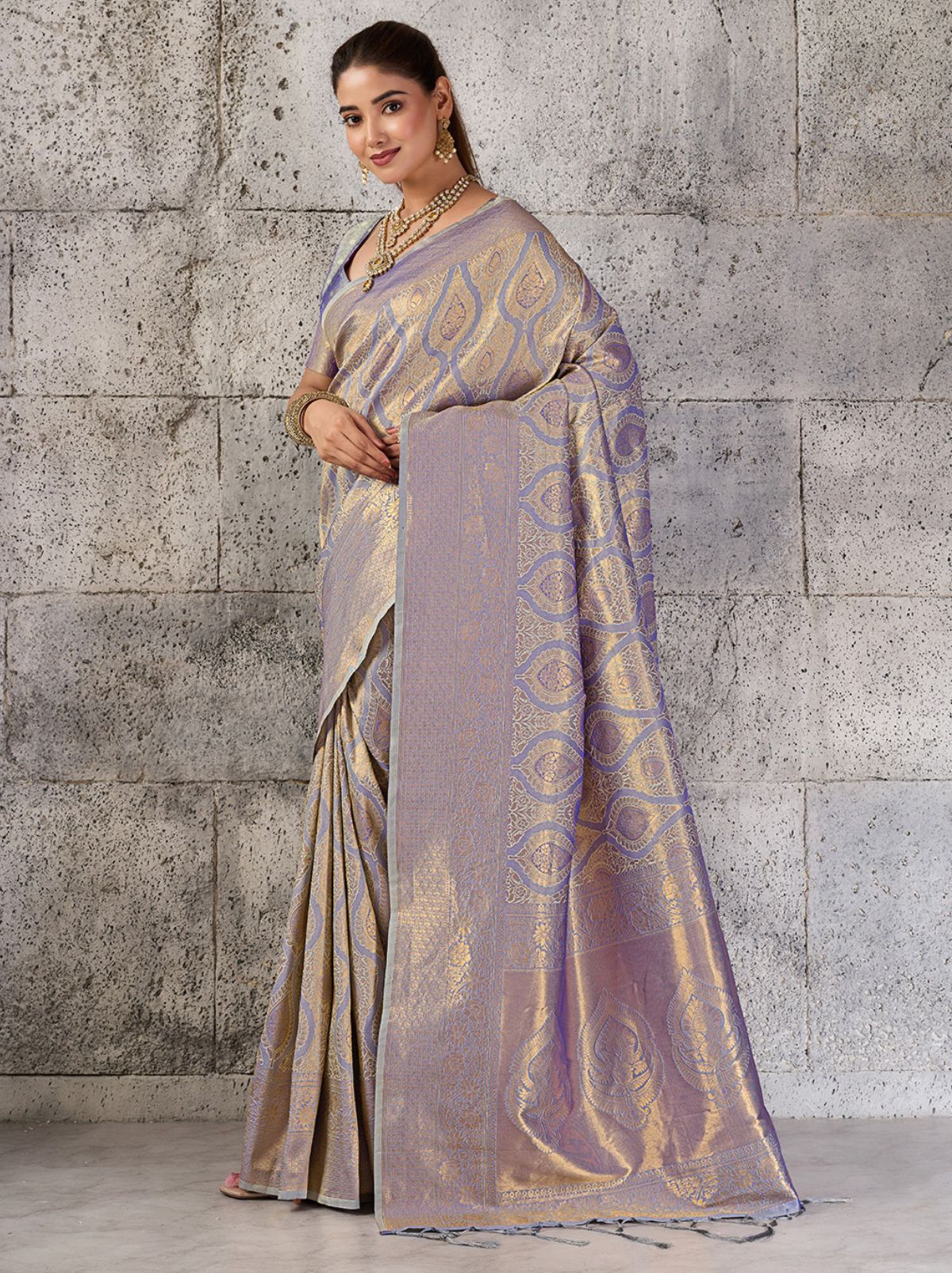 Pastel Blue Kanjivaram Silk Saree with Intricate Gold Zari