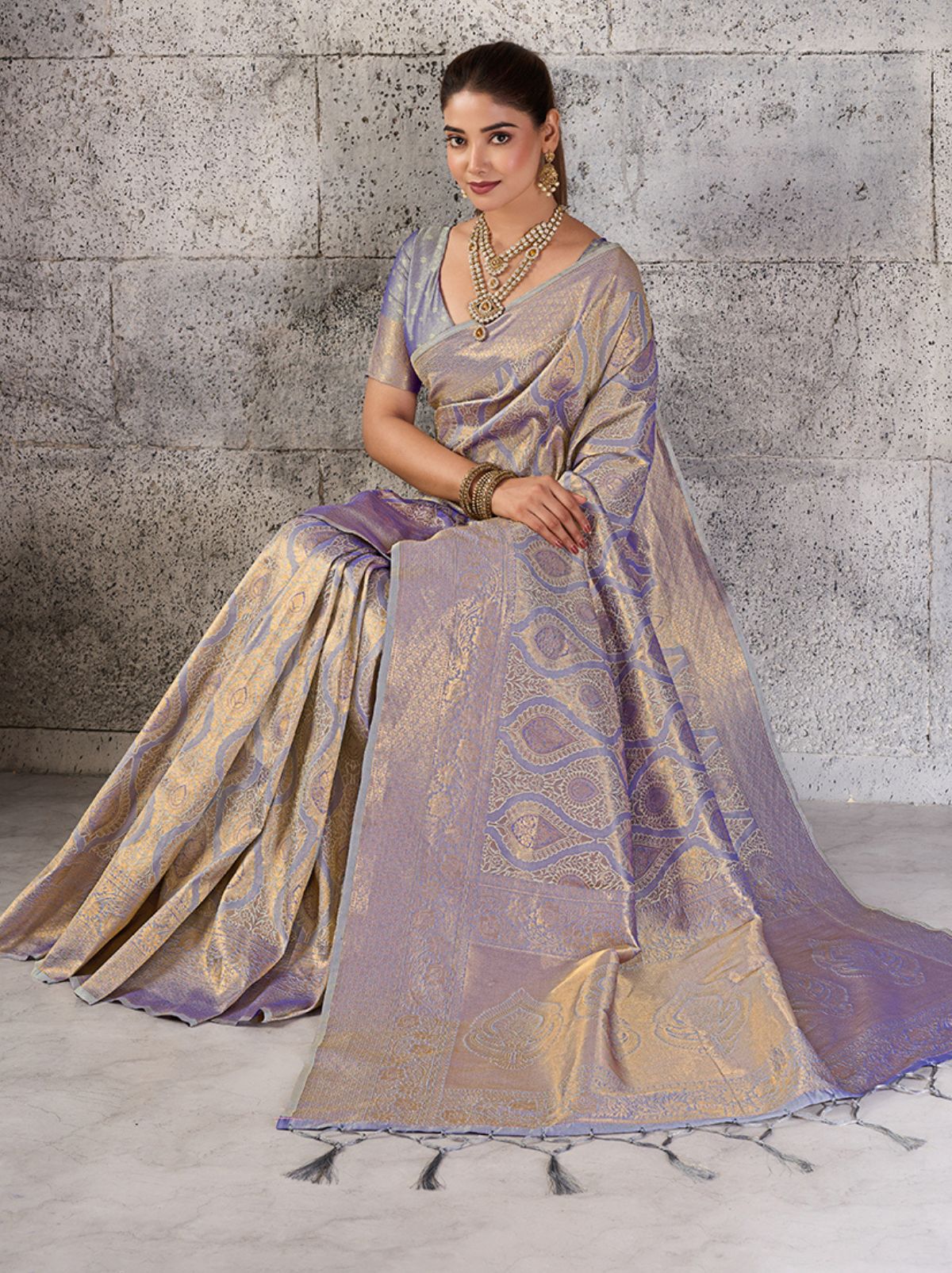 Pastel Blue Kanjivaram Silk Saree with Intricate Gold Zari