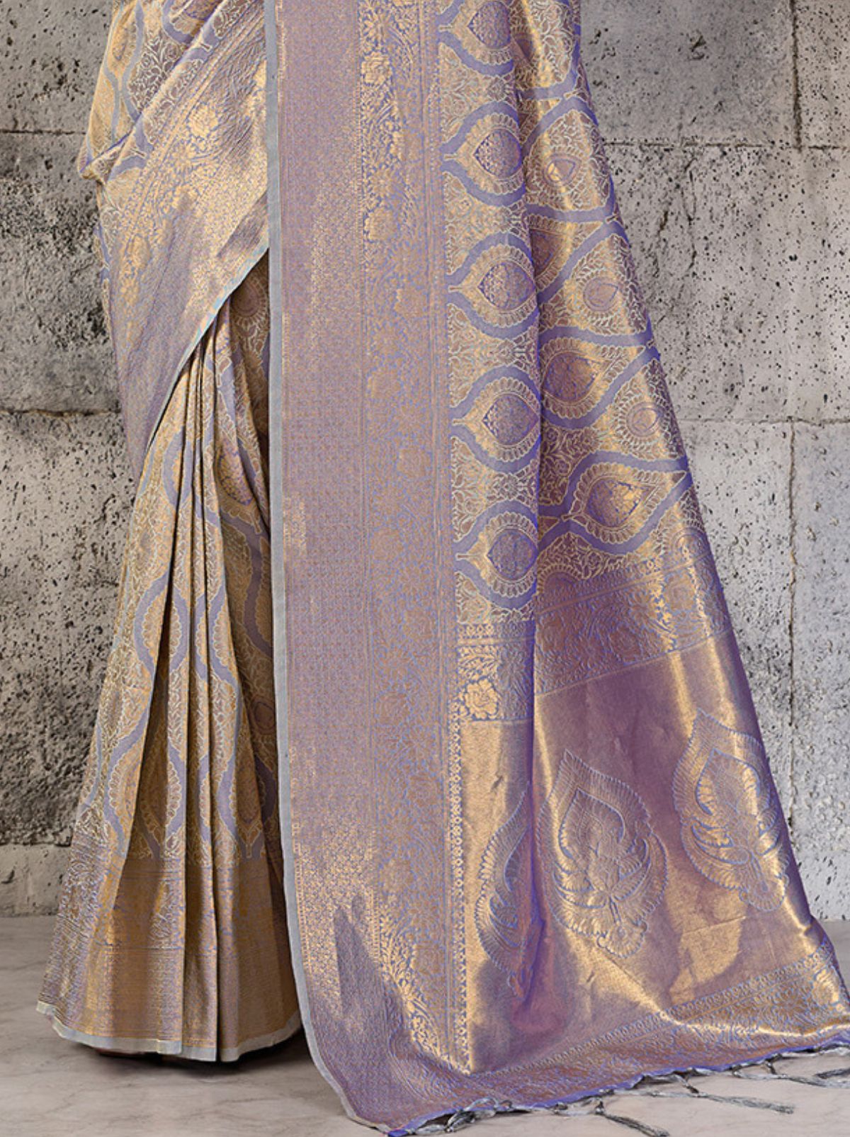 Pastel Blue Kanjivaram Silk Saree with Intricate Gold Zari