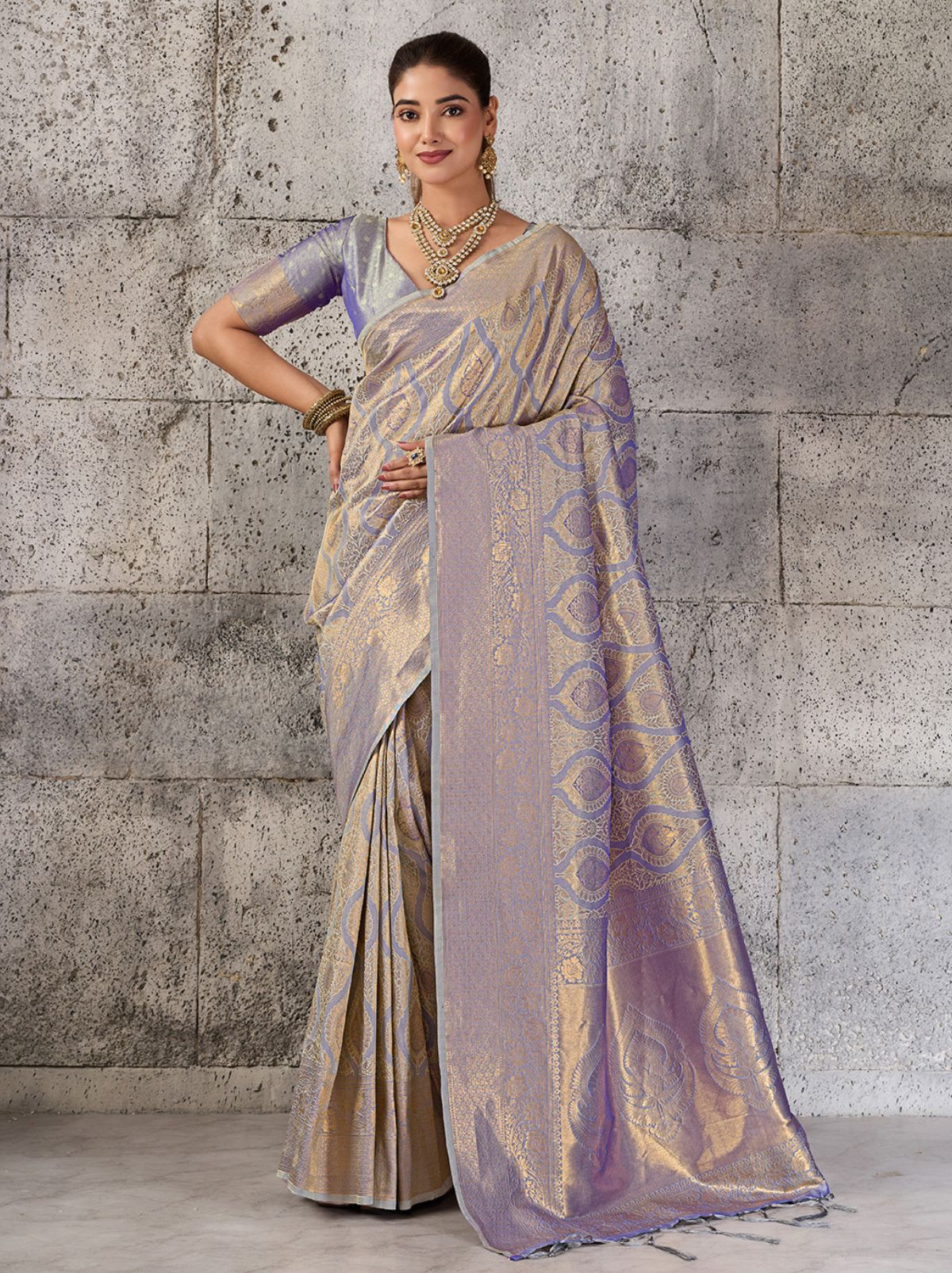 Pastel Blue Kanjivaram Silk Saree with Intricate Gold Zari
