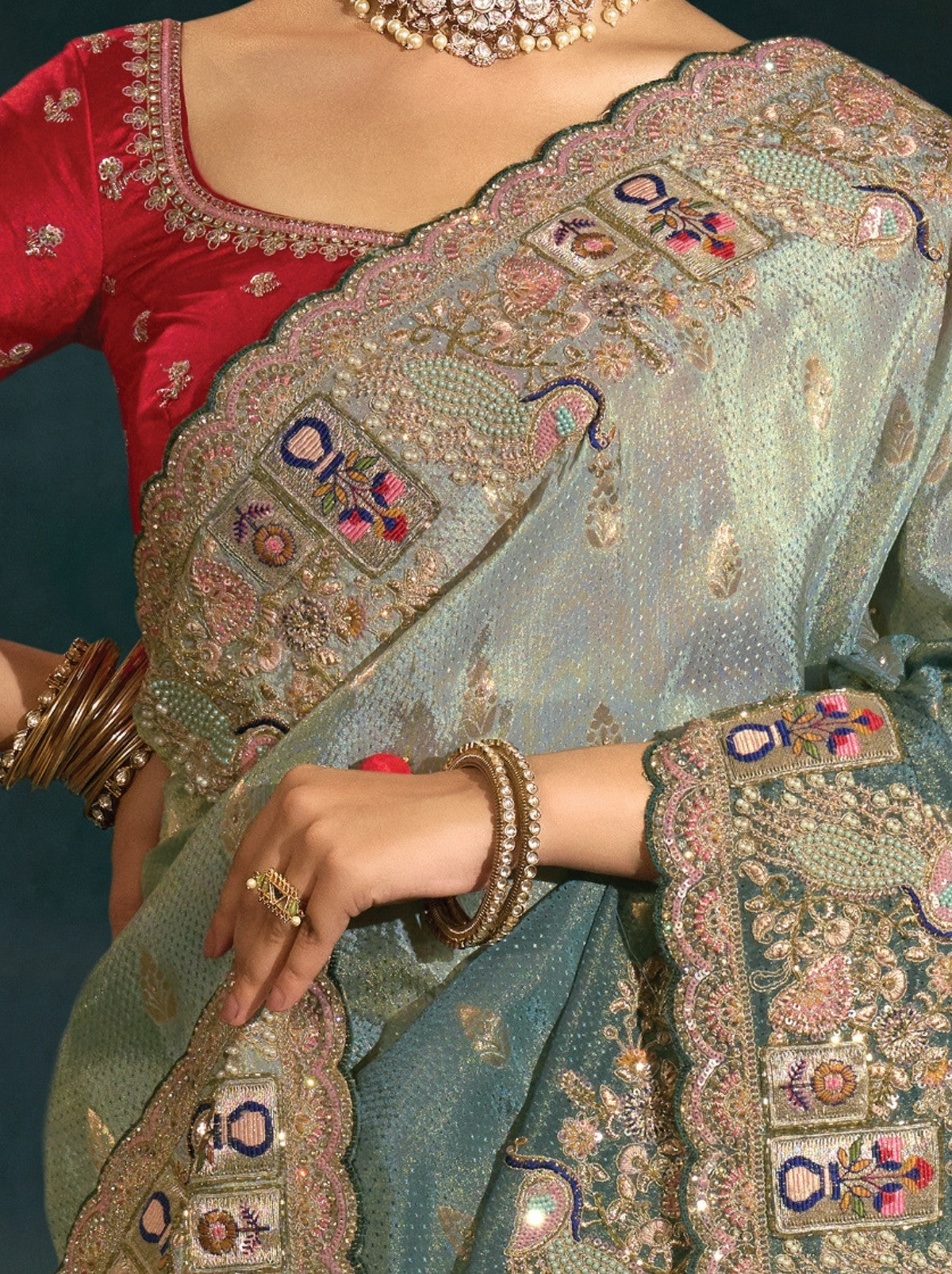 Lava Grey Wedding Luxurious Crepe Silk Saree With Blouse Piece