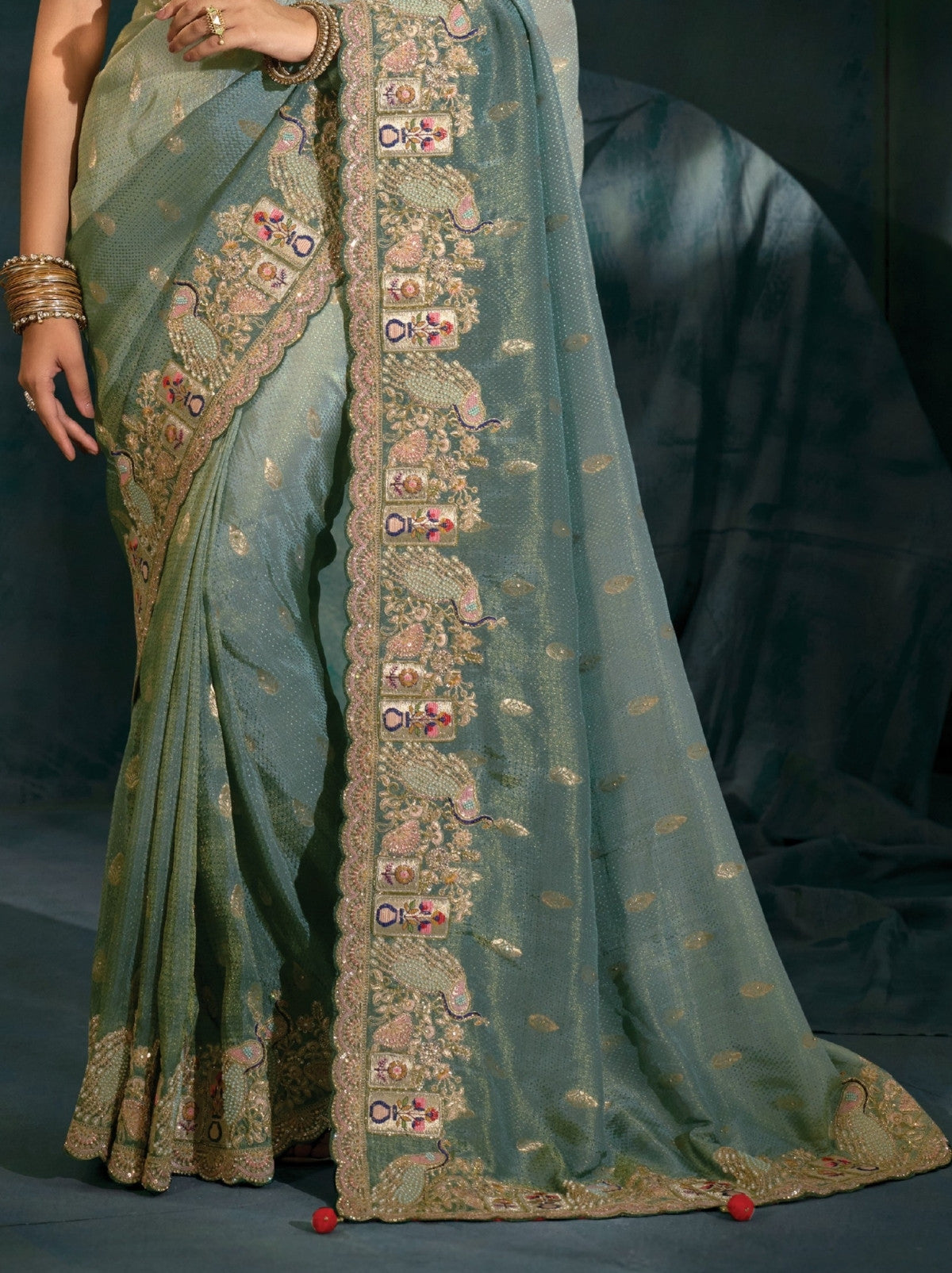 Lava Grey Wedding Luxurious Crepe Silk Saree With Blouse Piece