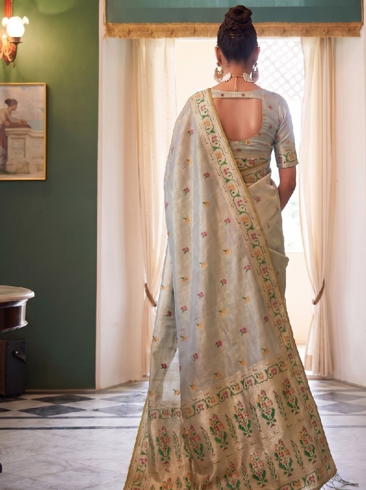 Silver Grey Opulent Tissue Silk Saree with Soft Gold Zari Work