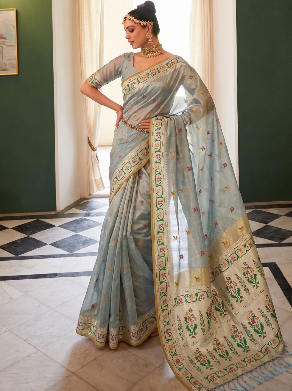Silver Grey Opulent Tissue Silk Saree with Soft Gold Zari Work