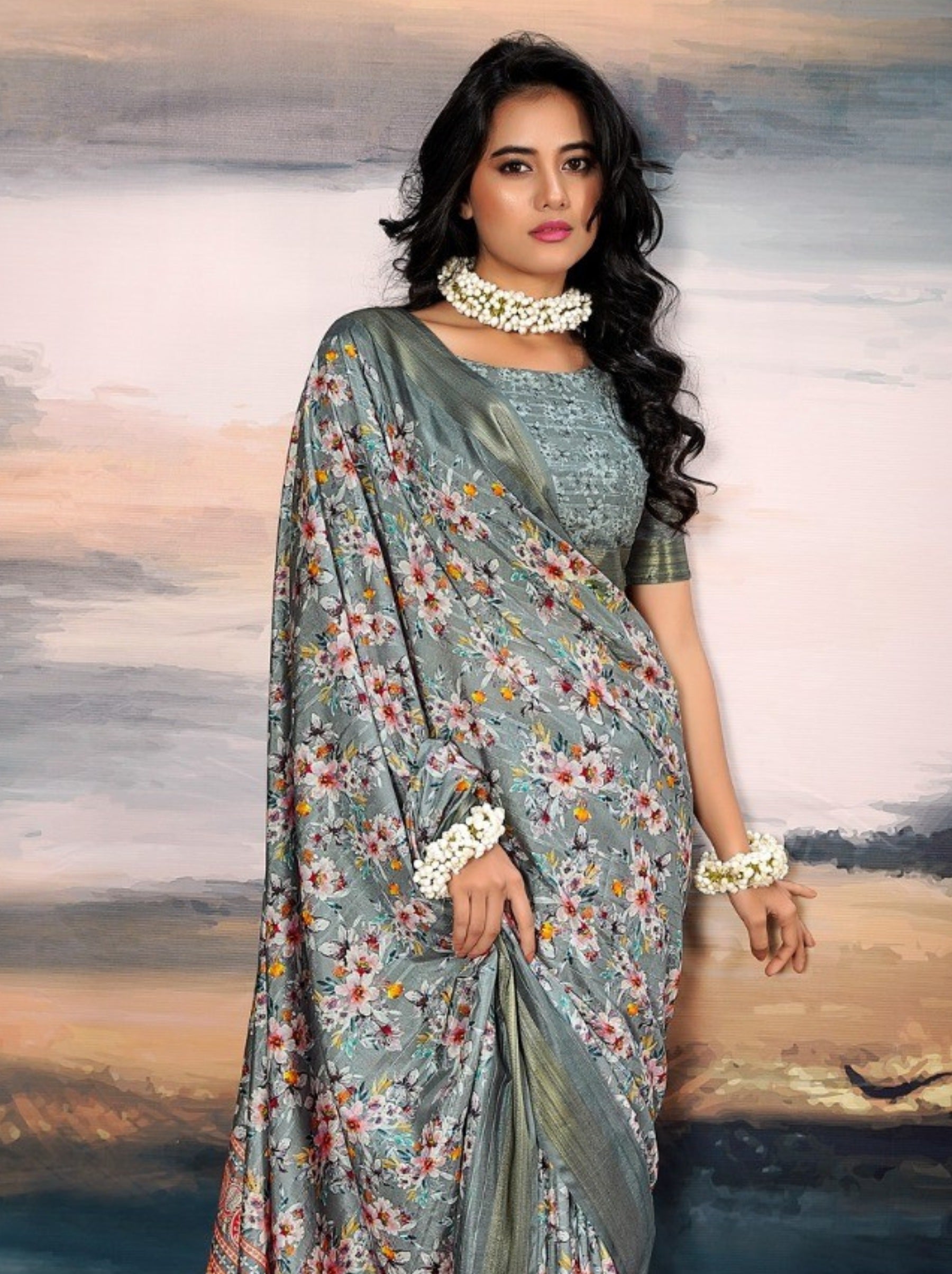 Steel Gray Organza Festive Saree - TrendOye