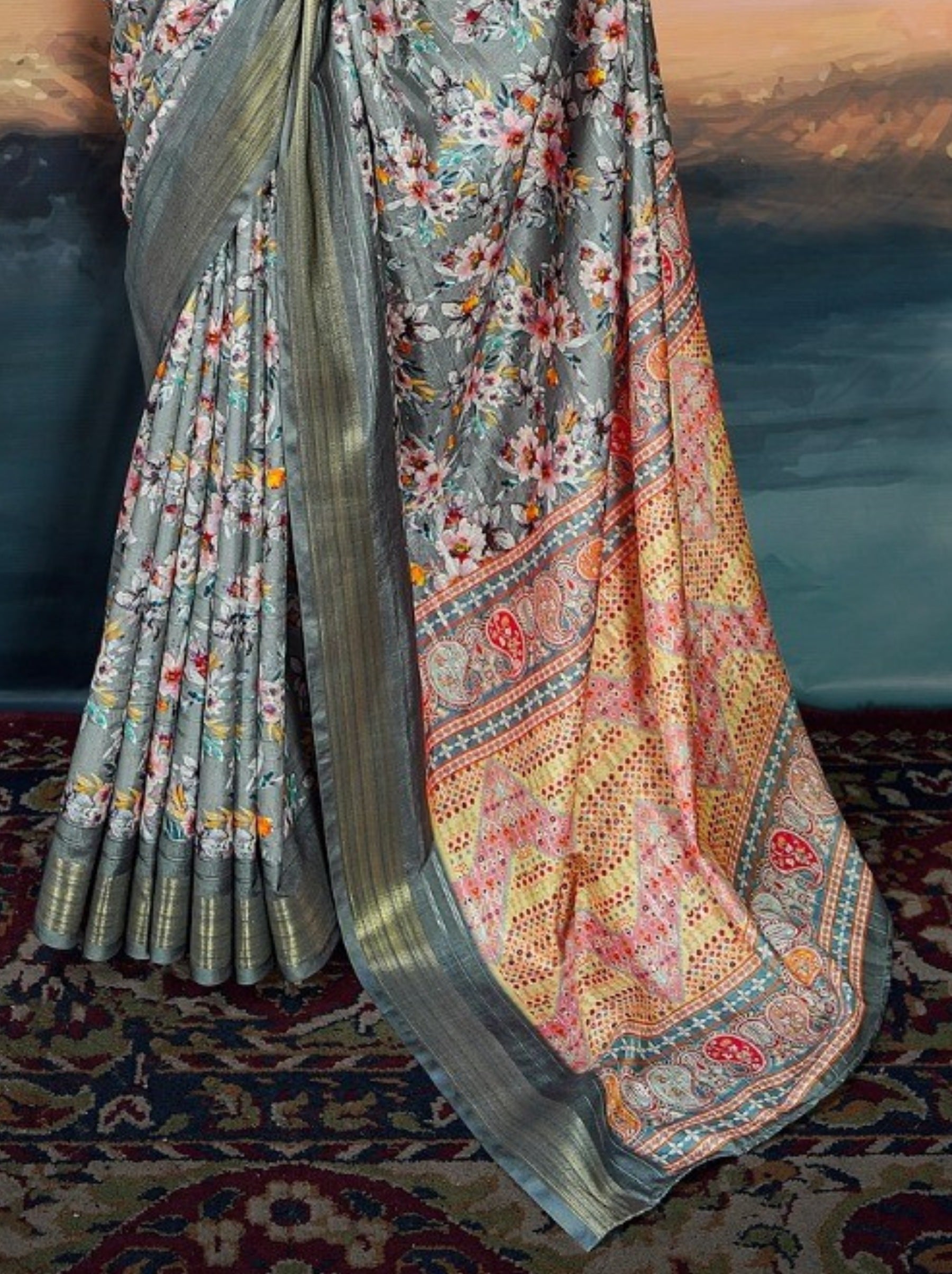 Steel Gray Organza Festive Saree - TrendOye