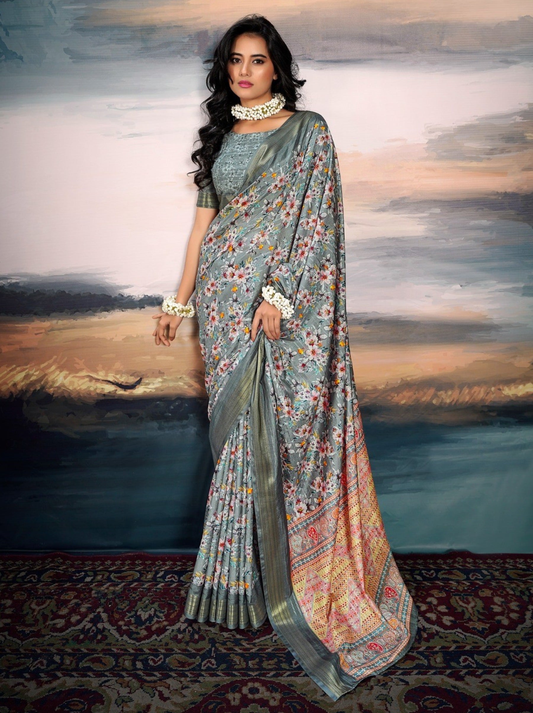 Steel Gray Organza Festive Saree - TrendOye