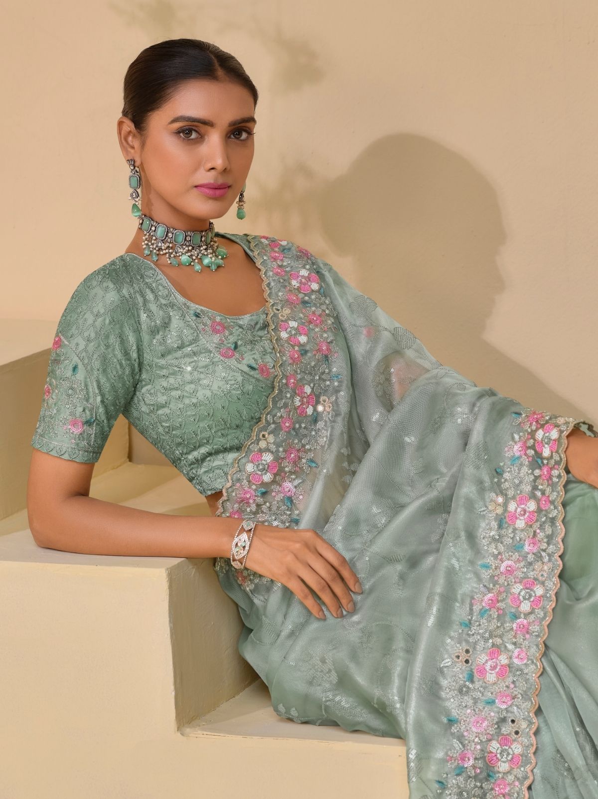 Pewter Grey Premium Wedding Designer Saree - TrendOye