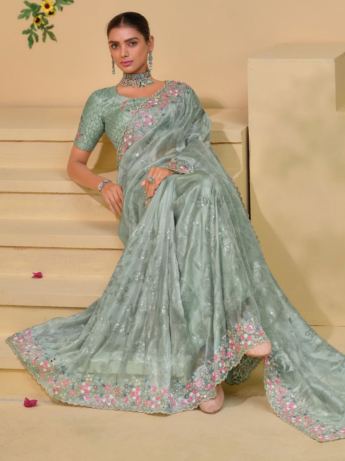 Pewter Grey Premium Wedding Designer Saree - TrendOye