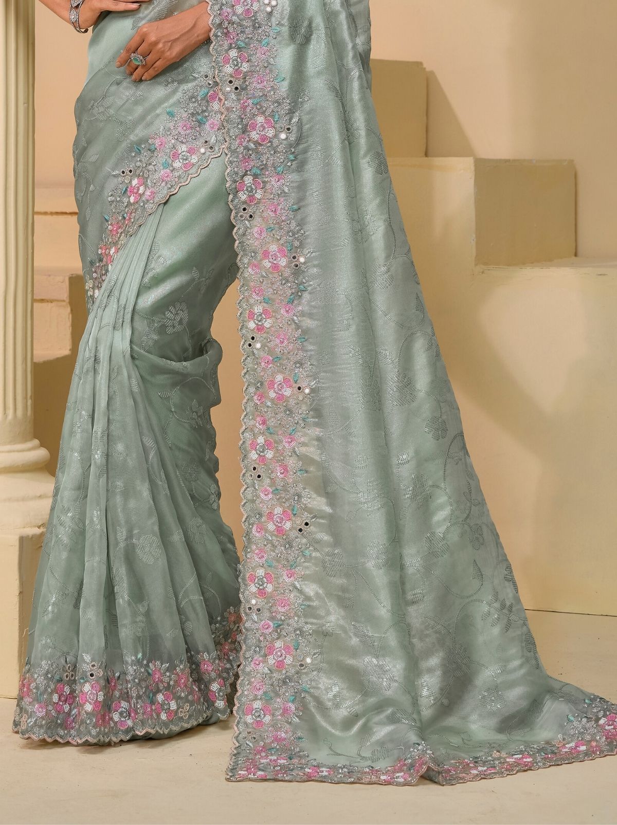 Pewter Grey Premium Wedding Designer Saree - TrendOye