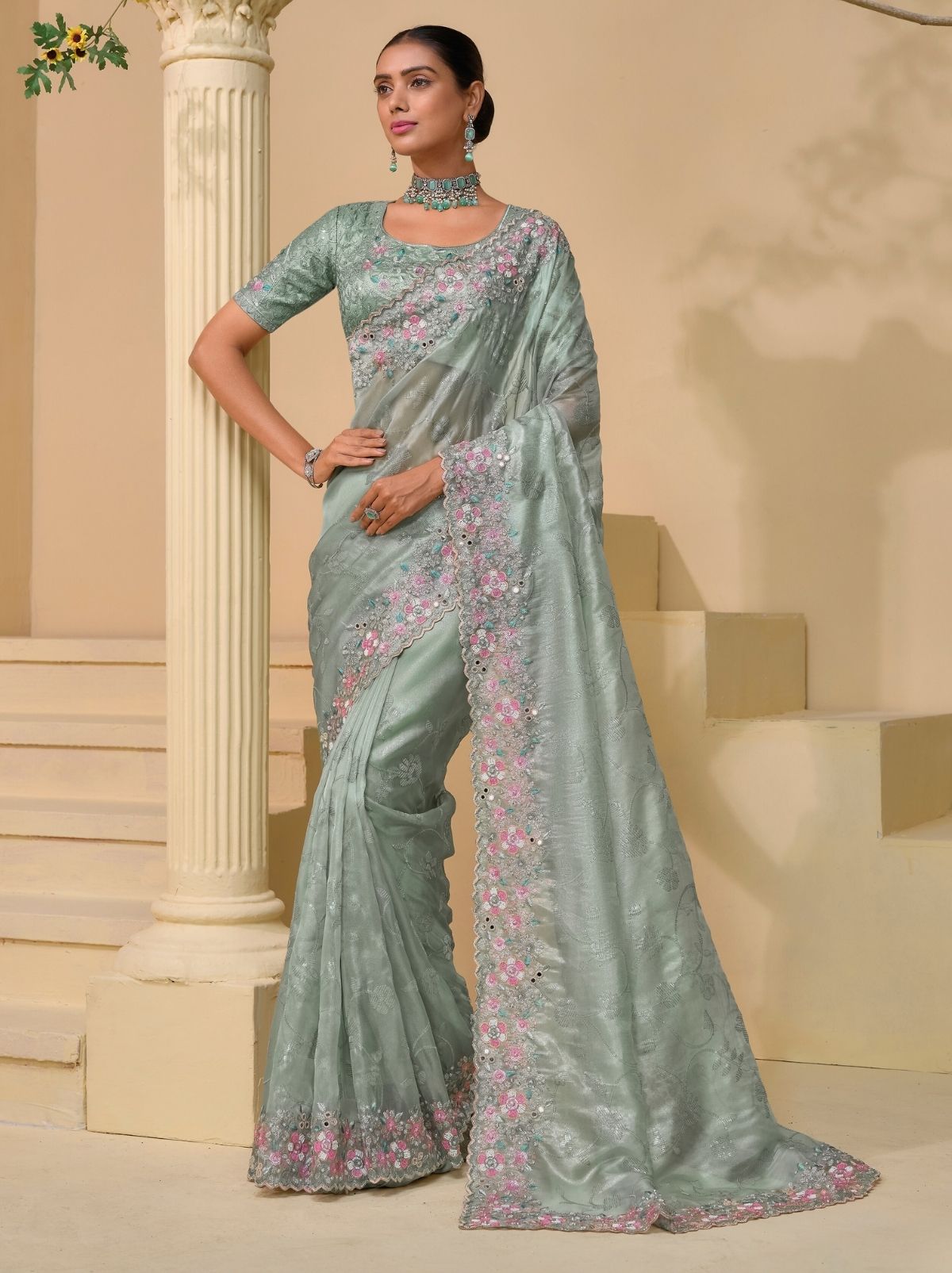 Pewter Grey Premium Wedding Designer Saree - TrendOye