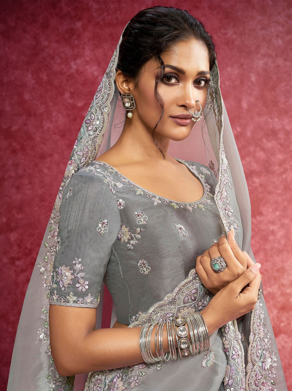 Smoke Grey Premium Fancy Saree With Sequin Work