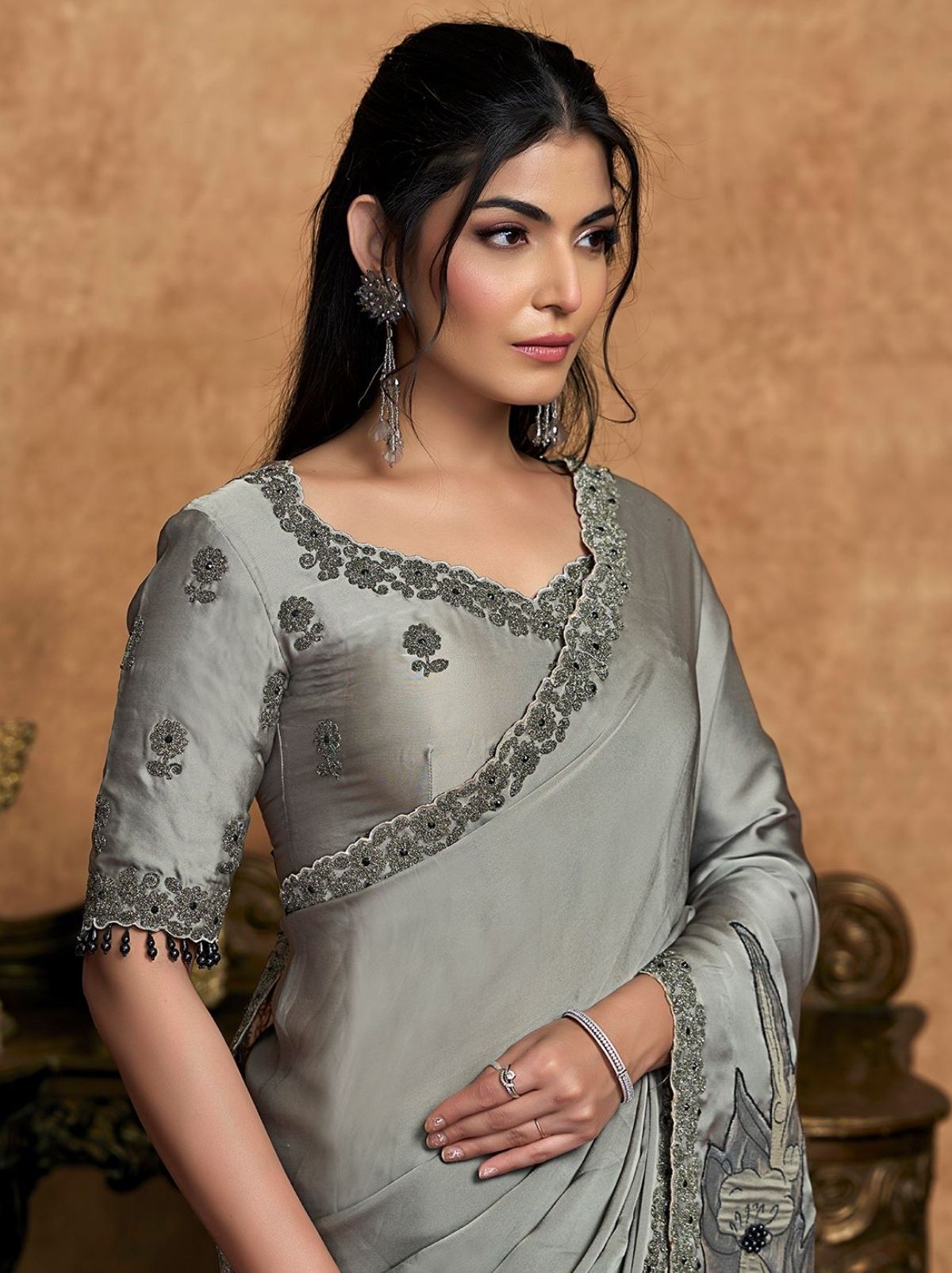 Pewter Gray Premium Reception Wear Saree With Unstitched Blouse
