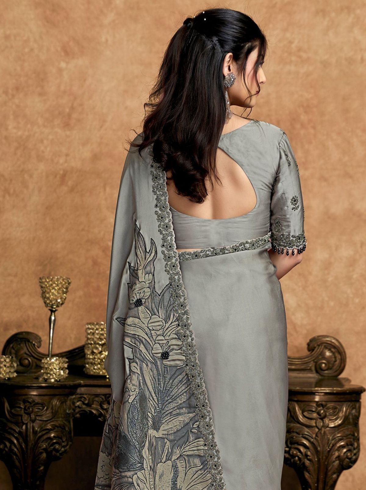 Pewter Gray Premium Reception Wear Saree With Unstitched Blouse