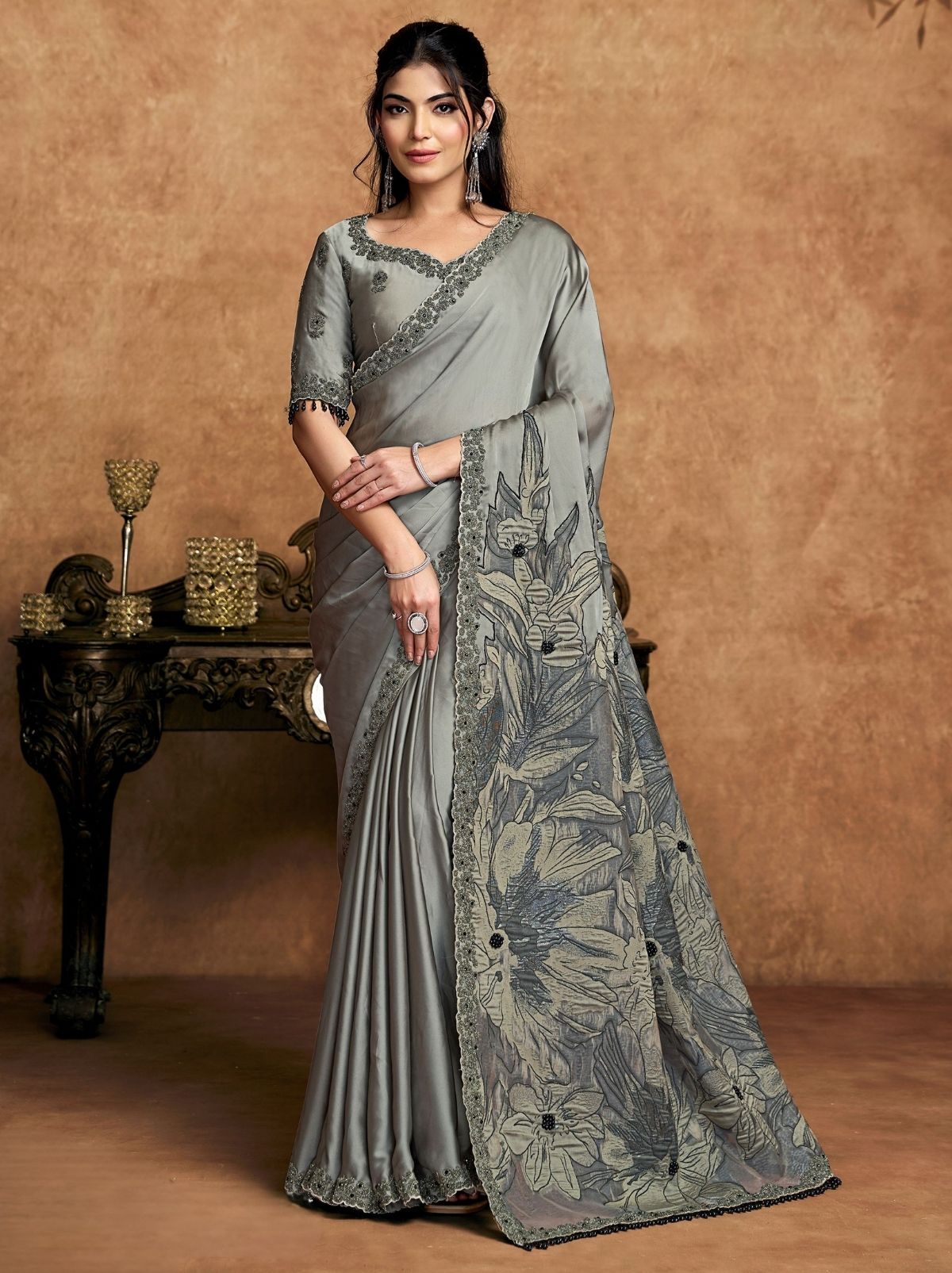 Pewter Gray Premium Reception Wear Saree With Unstitched Blouse