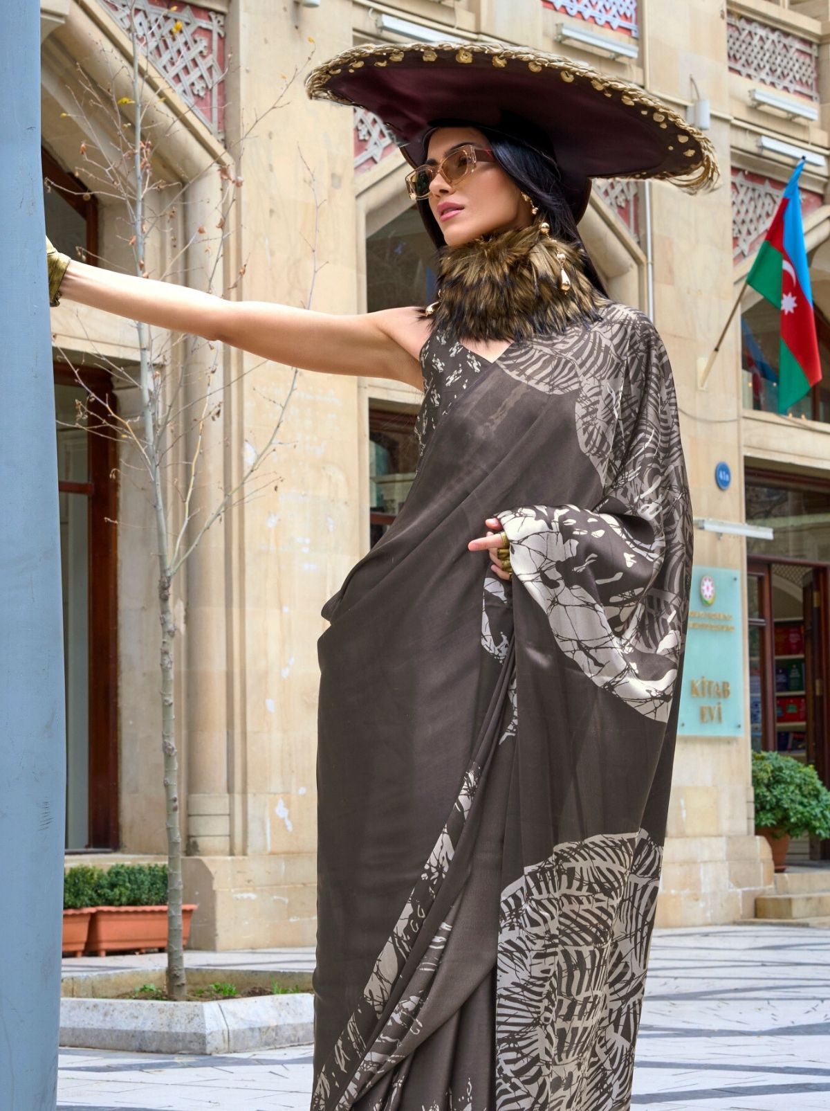Steel Grey Premium Satin Designer Saree - TrendOye