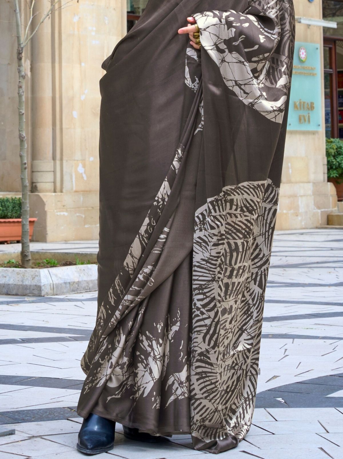 Steel Grey Premium Satin Designer Saree - TrendOye