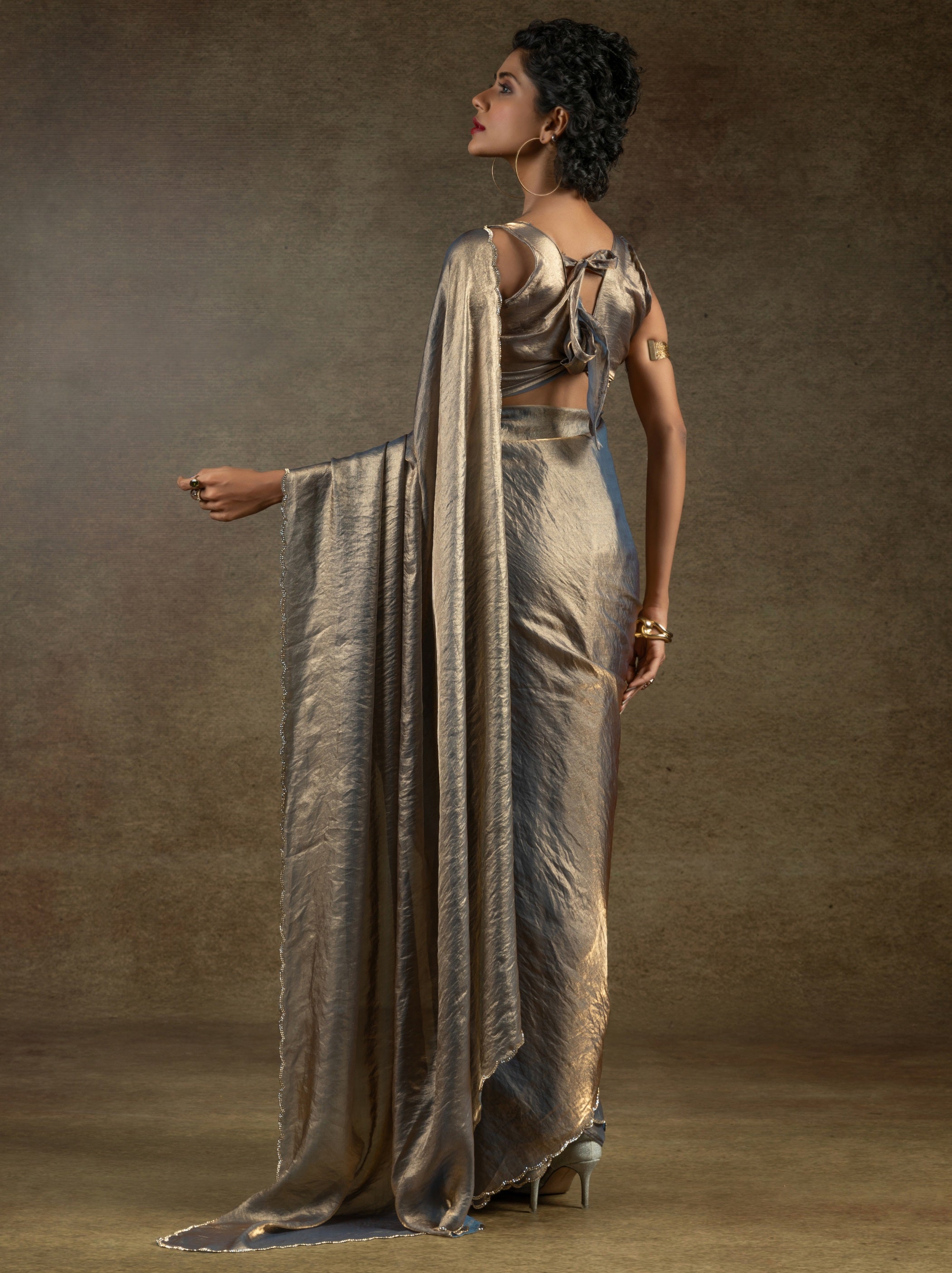 Fossil Grey Designer Ready to Wear Party Saree With Stone Work - TrendOye