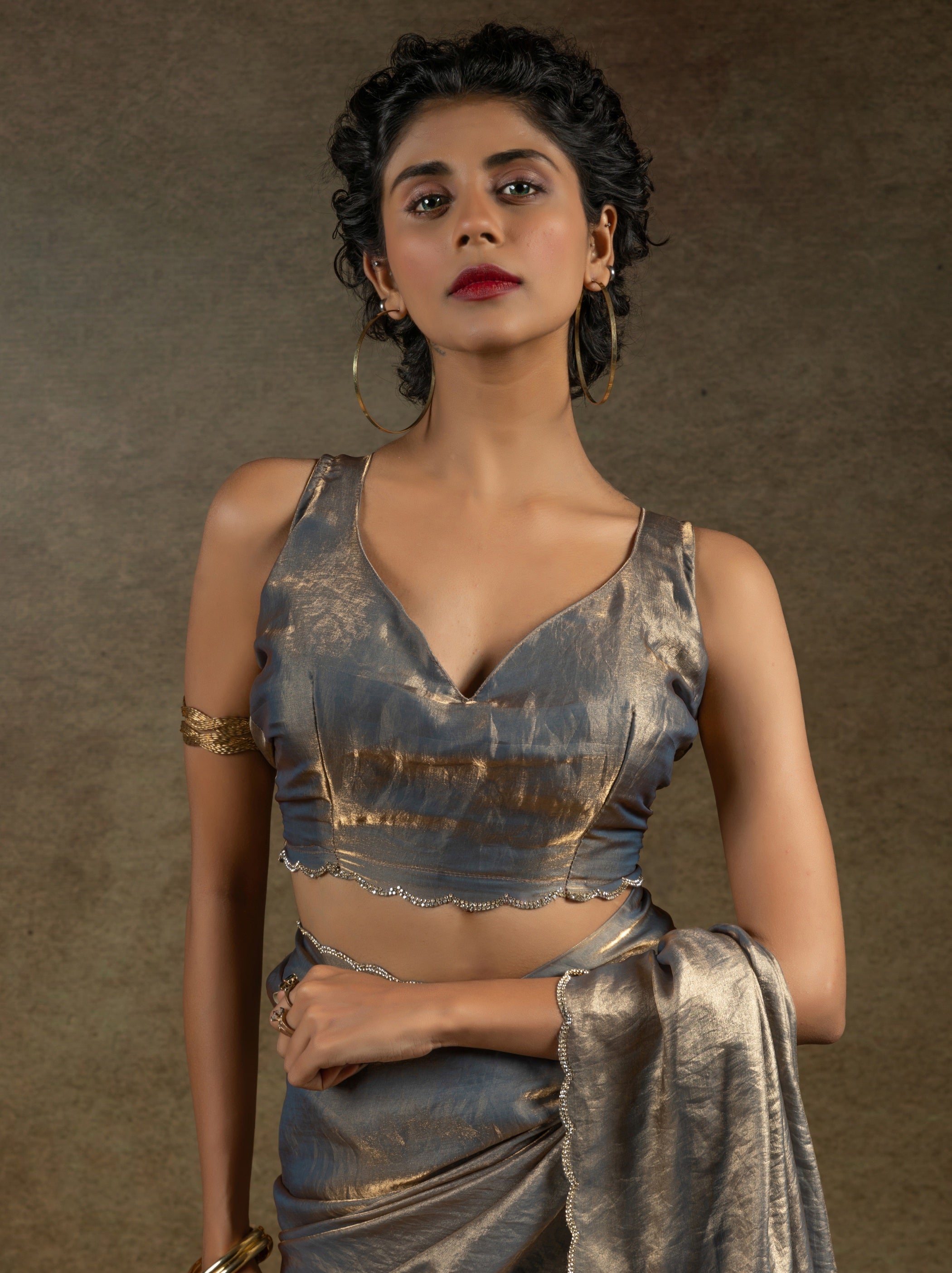 Fossil Grey Designer Ready to Wear Party Saree With Stone Work - TrendOye