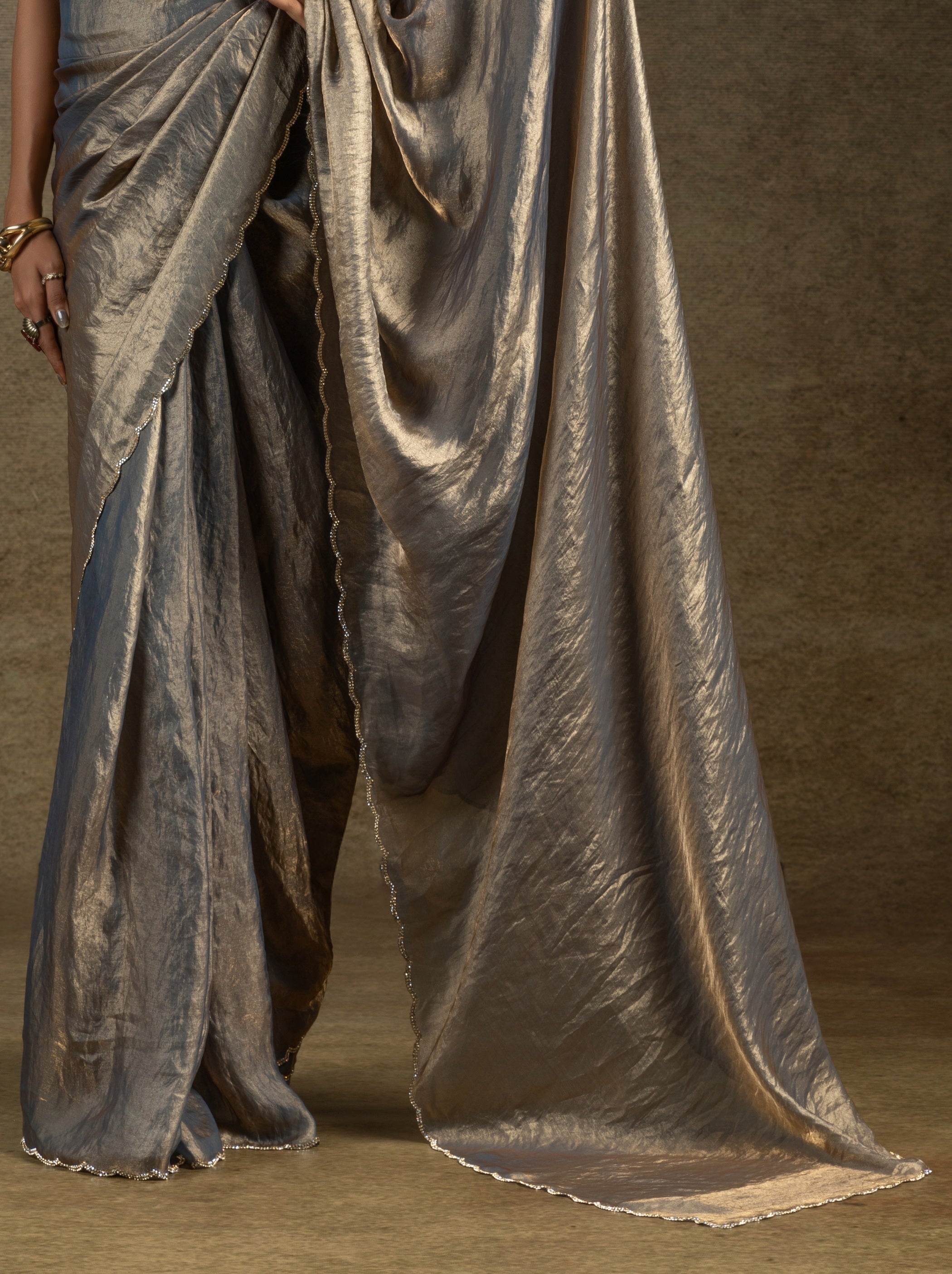 Fossil Grey Designer Ready to Wear Party Saree With Stone Work - TrendOye