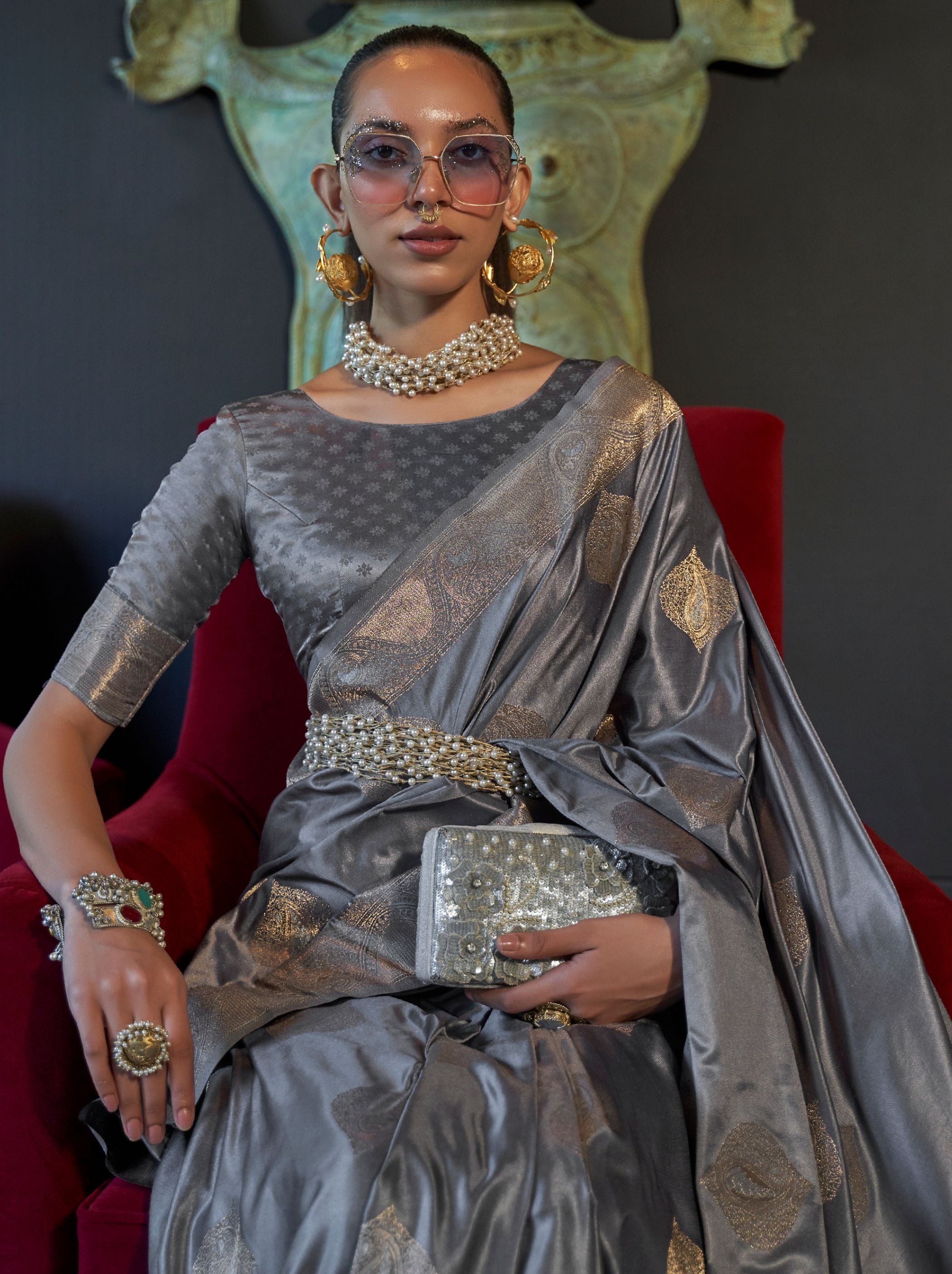 Seal Grey Pure Satin Silk Saree - TrendOye