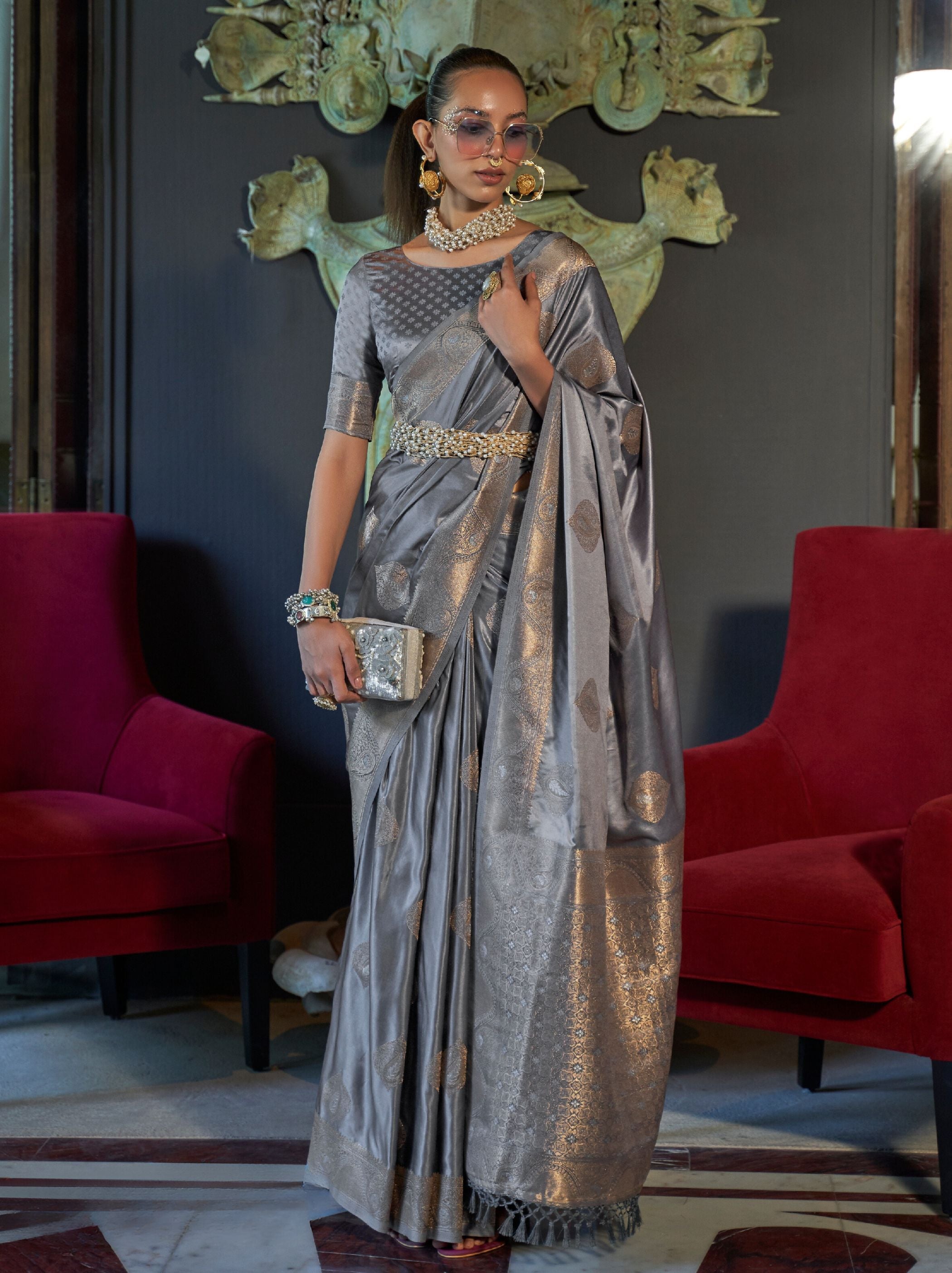 Seal Grey Pure Satin Silk Saree - TrendOye