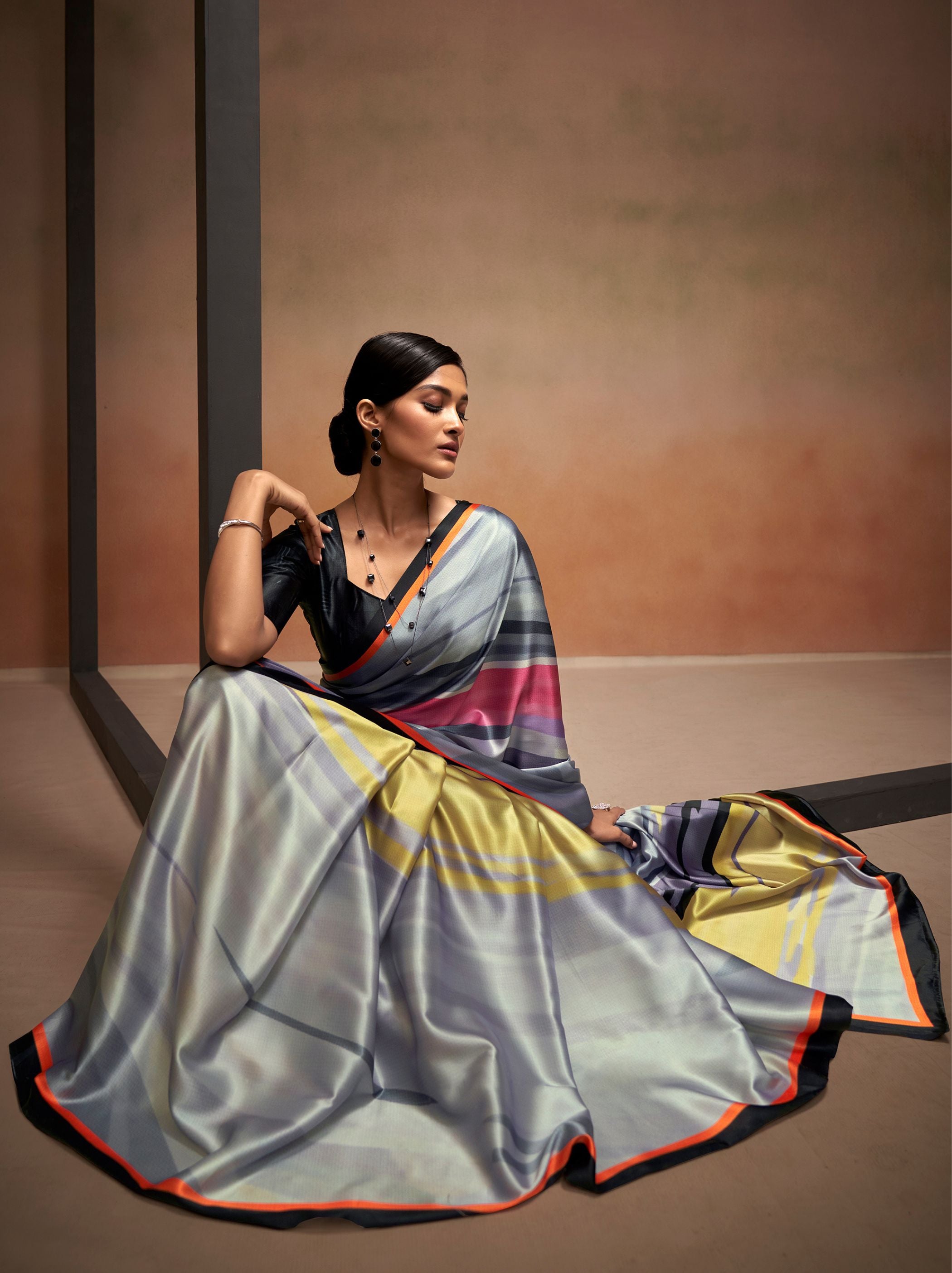 Lava Grey Satin Silk Designer Saree - TrendOye