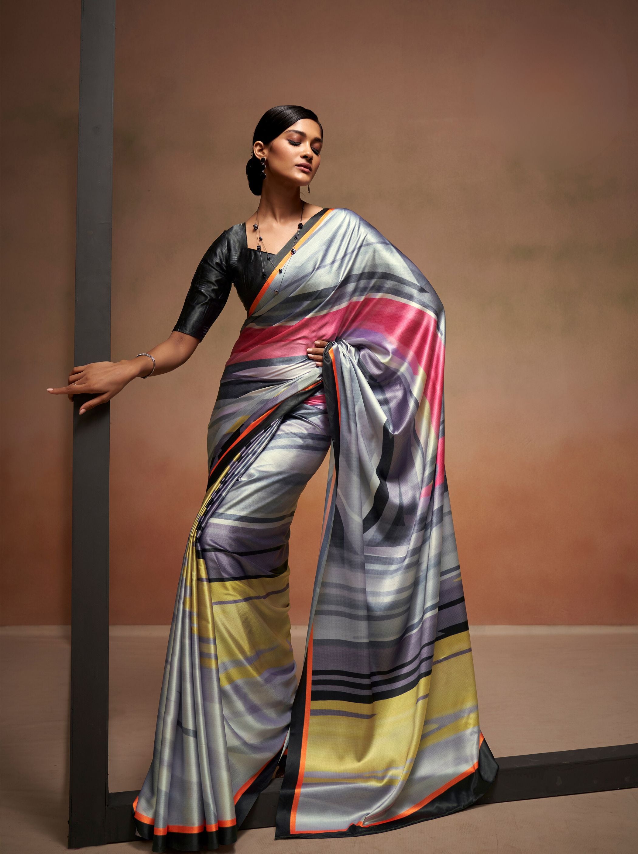 Lava Grey Satin Silk Designer Saree - TrendOye
