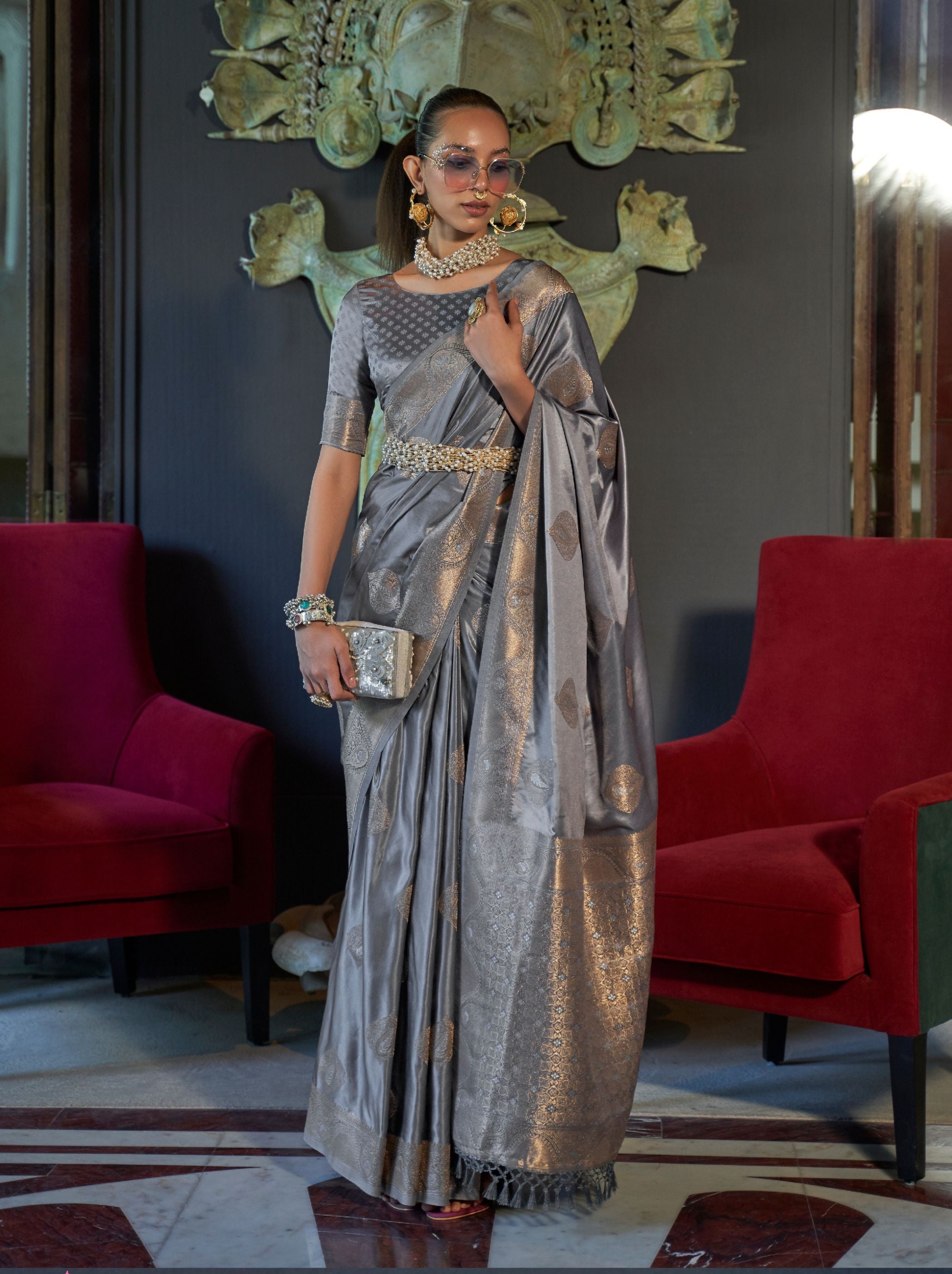Seal Grey Pure Satin Silk Saree - TrendOye
