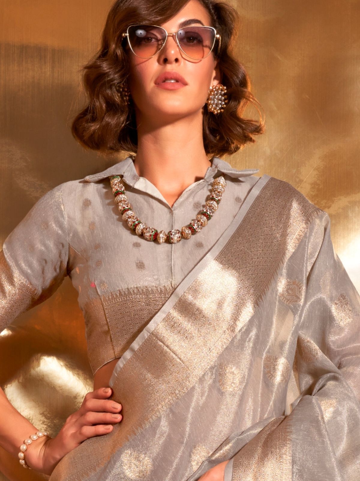 Pewter Grey Paithani Tissue Silk Blended Saree - TrendOye